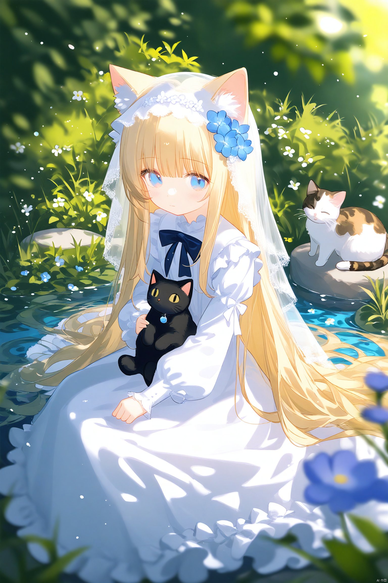 1girl, cat, flower, dress, solo, animal ears, long hair, bow, blonde hair, sitting, white dress, looking at viewer, long sleeves, veil, blush, cat ears, bangs, animal, blue eyes, puffy sleeves, frills, blurry, hair ornament, hair flower, blurry foreground, closed mouth, very long hair, water, lolita fashion, depth of field