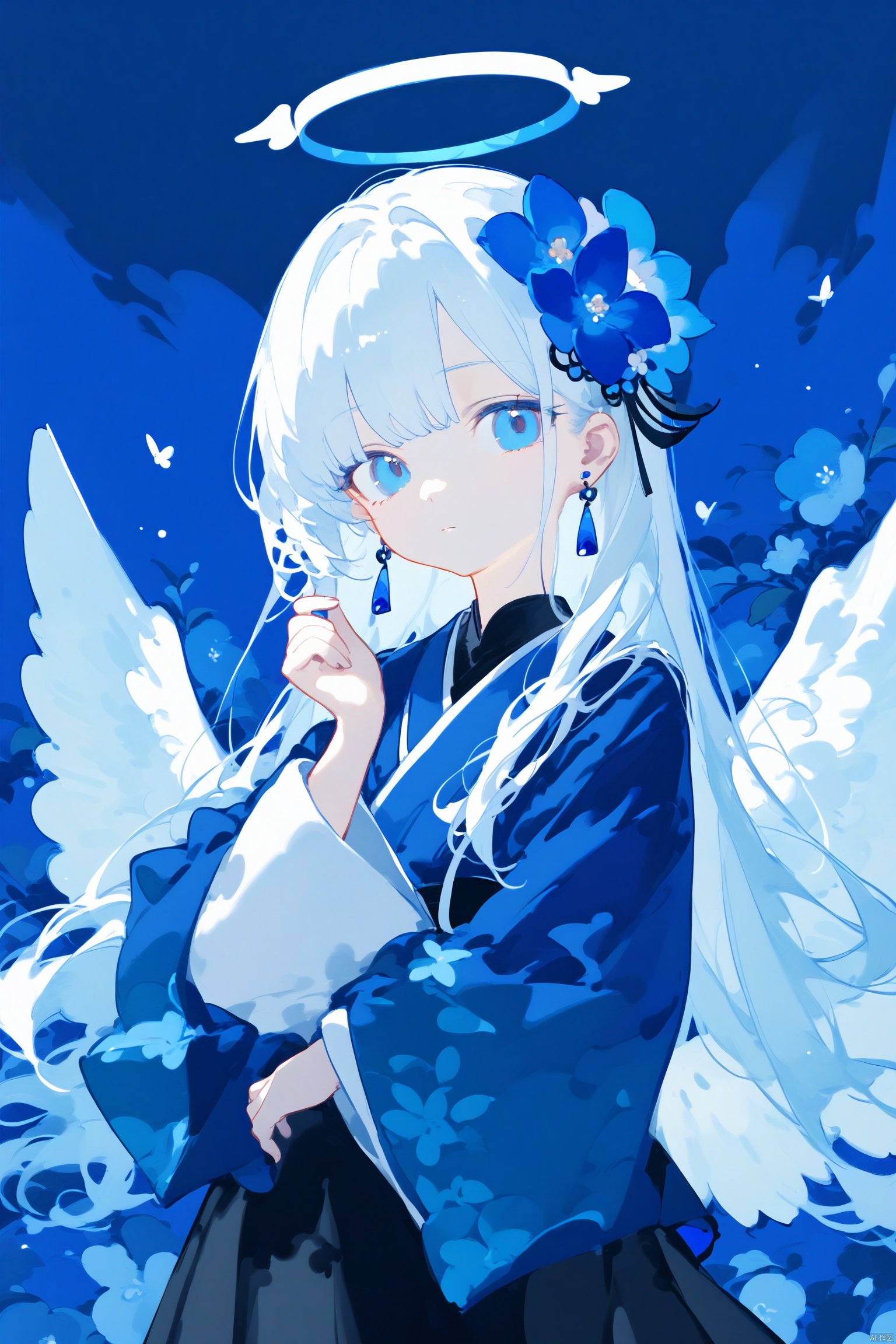 Elite,1girl, solo, long hair, bangs, blue eyes, skirt, hair ornament, long sleeves, flower, white hair, earrings, wings, hand up, hair flower, wide sleeves, black skirt, halo, blue theme