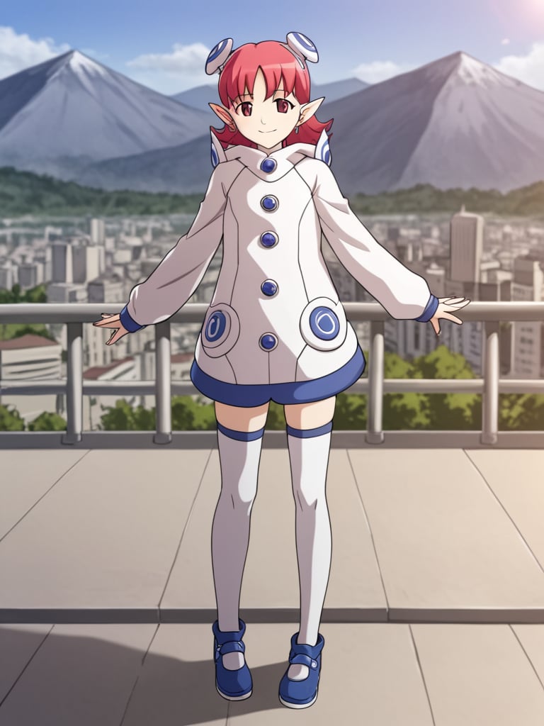 1girl, solo, sarisaps0, pink hair, pink eyes, pointy ears, hair ornament, white dress, hoodie, thighhighs, blue footwear, shoes, outdoors, ground, city, mountains, standing, full body, smile, looking at viewer,