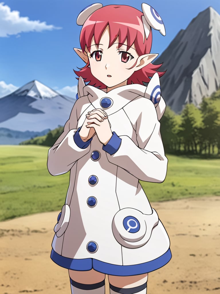 1girl, solo, sarisaps0, pink hair, pink eyes, pointy ears, hair ornament, white dress, hoodie, thighhighs, outdoors, ground, mountains, standing, cowboy shot, parted lips, looking at viewer, own hands together,