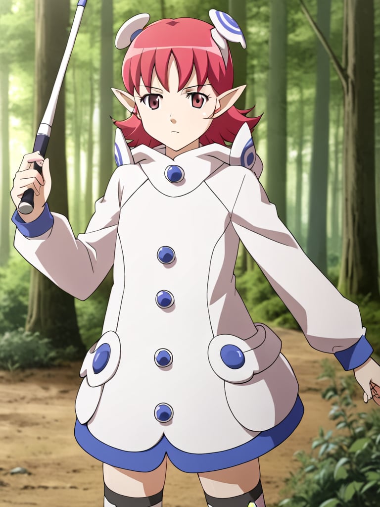 1girl, solo, sarisaps0, pink hair, pink eyes, pointy ears, hair ornament, white dress, hoodie, thighhighs, outdoors, ground, forest,, standing, cowboy shot, serious, holding, weapon, wand, looking at viewer