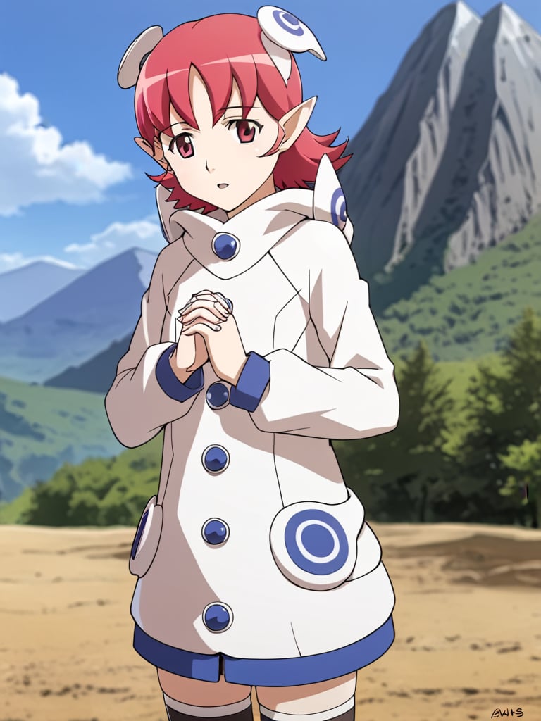 1girl, solo, sarisaps0, pink hair, pink eyes, pointy ears, hair ornament, white dress, hoodie, thighhighs, outdoors, ground, mountains, standing, cowboy shot, parted lips, looking at viewer, own hands together,