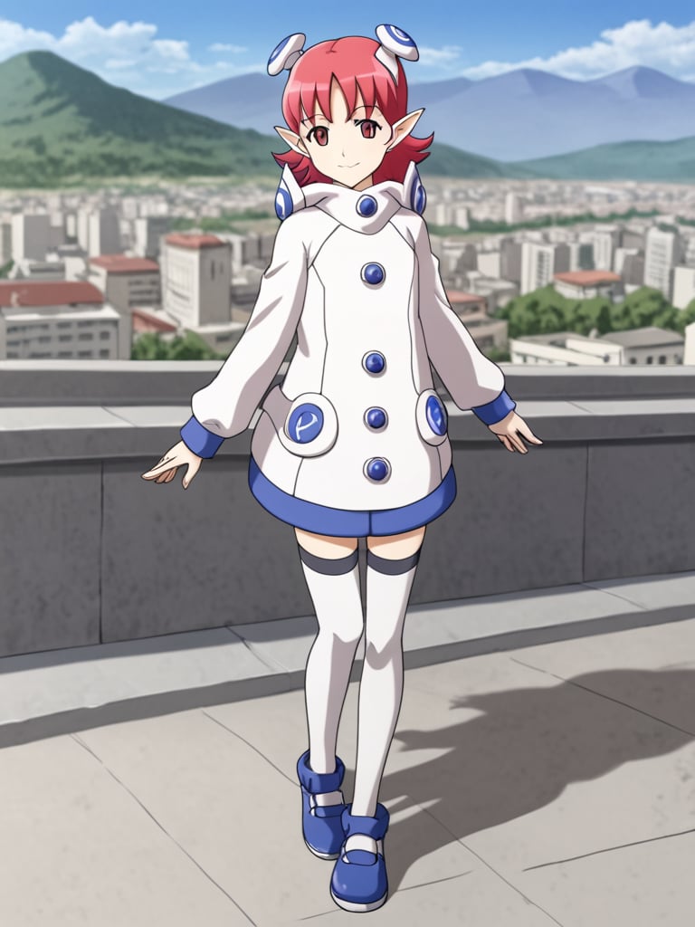 1girl, solo, sarisaps0, pink hair, pink eyes, pointy ears, hair ornament, white dress, hoodie, thighhighs, blue footwear, shoes, outdoors, ground, city, mountains, standing, full body, smile, looking at viewer,