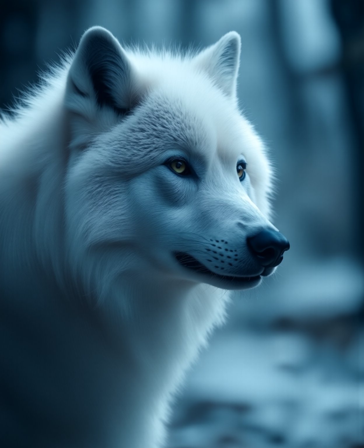 a white wolf, detailed fur, piercing eyes, sharp teeth, in a snowy forest, beautiful landscape, magical atmosphere, moody lighting, dramatic composition, (best quality,4k,8k,highres,masterpiece:1.2),ultra-detailed,(realistic,photorealistic,photo-realistic:1.37),hyperrealistic,cinematic lighting,dramatic lighting,intricate details,highly detailed fur,lifelike