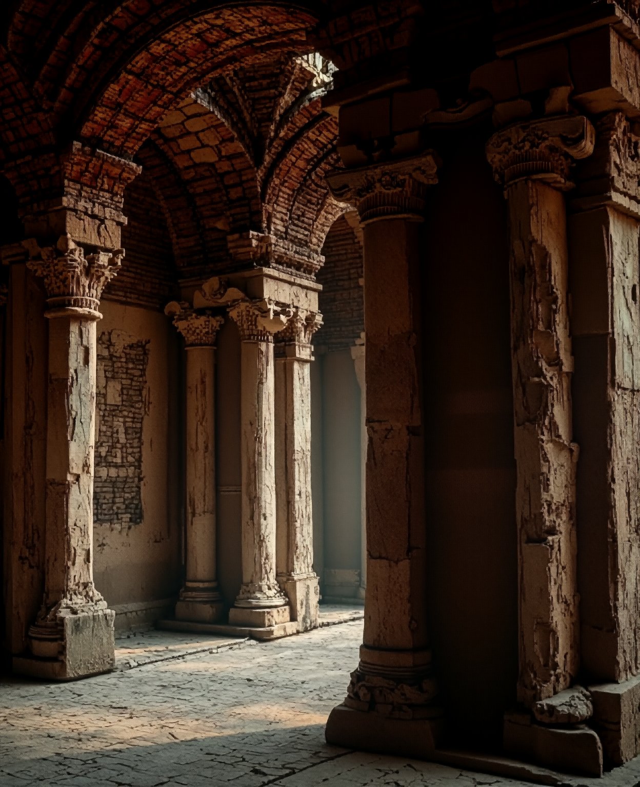 a highly detailed ancient roman architecture, intricate carvings, ornate columns, detailed bricks, weathered stone, dramatic lighting, cinematic composition, epic scale, grandiose, photorealistic, 8k, best quality, ultra-detailed, masterpiece