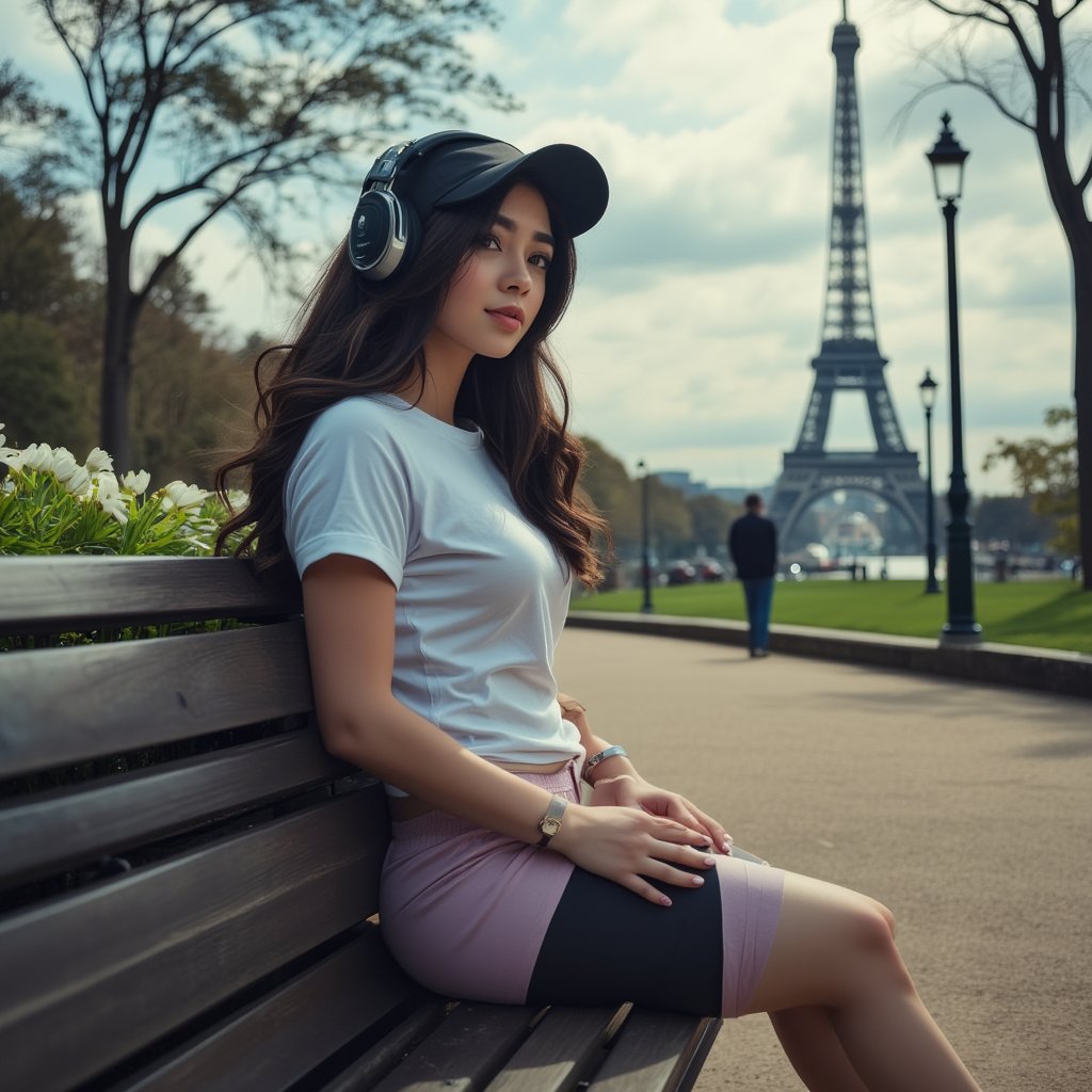 Master piece, generate image of a Girl with headphones, cap, dreamy expression, sitting a bench in the gardens of the Eiffel tower, training wear, t-shirt and sport shorts, (ultra detailed perfect piece:1.2), illustration, masterpiece, (extremely detailed CG 8k), (very fine 8K CG), (1girl:1.2), (dark hair), long hair, wavy hair, hair over one eye, sparkling, light blue eyes, looking at side,