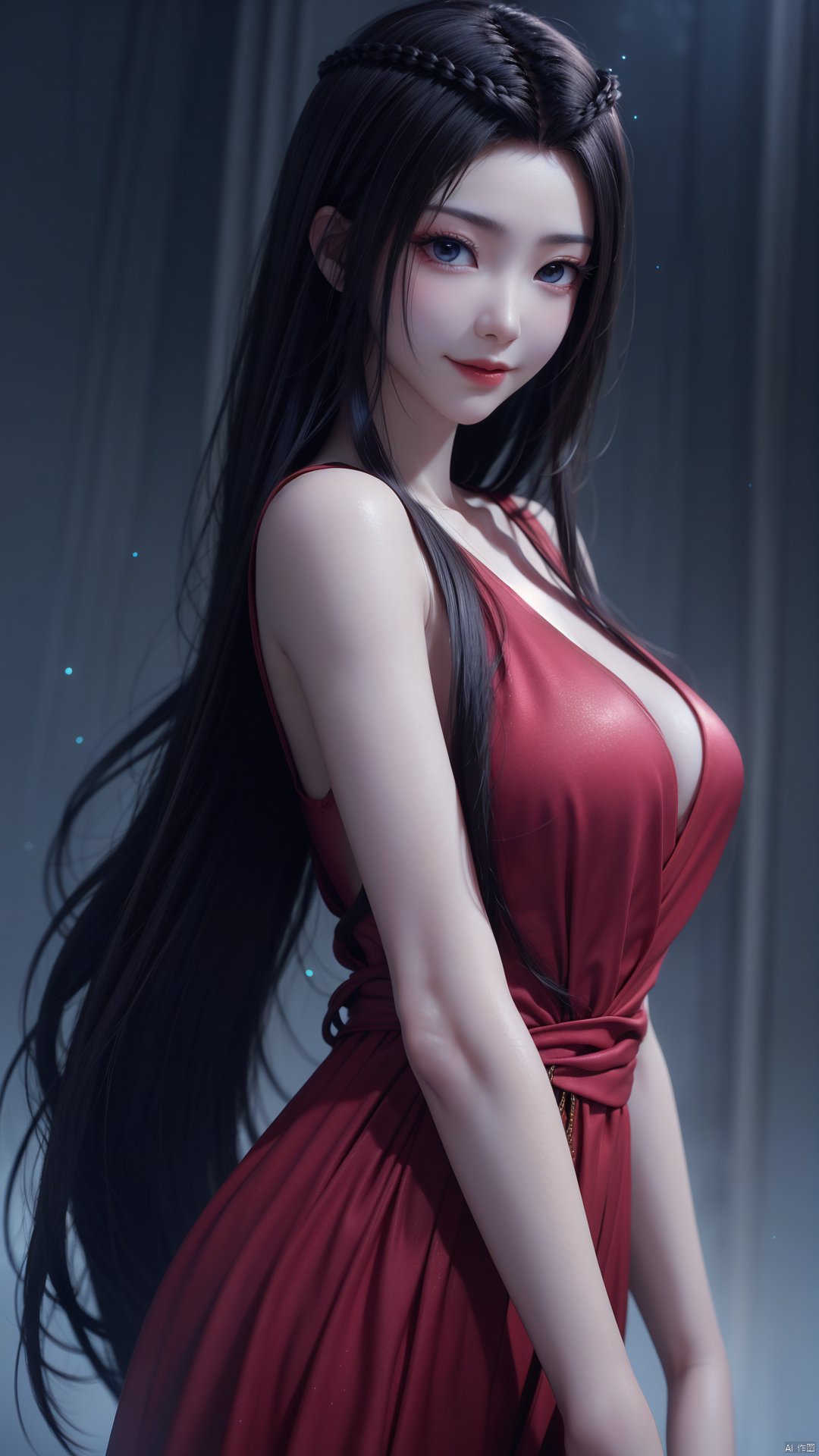 1girl, black hair, dress, red dress, solo, long hair, blue eyes, pale skin, mischevious smile, perfect body, scenery, sharp focus, best quality, masterpiece, detailed outfit, illustration, perfect eyes, finely detailed beautiful anime eyes, realistic skin, intricate details, best lighting, depth of field, ultra high resolution,cowboy_shot, dynamic pose, dynamic angle,