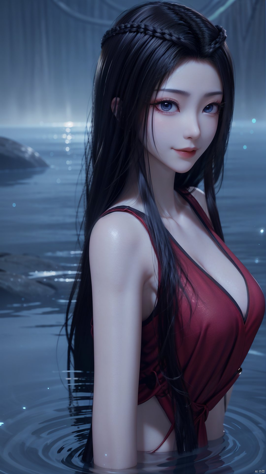 1girl, solo, black hair, long hair, blue eyes, water, partially submerged, closed mouth, mischevious smile, perfect body, scenery, sharp focus, best quality, masterpiece, detailed outfit, illustration, perfect eyes, finely detailed beautiful anime eyes, realistic skin, intricate details, best lighting, depth of field, ultra high resolution,upper body, dynamic pose, dynamic angle,