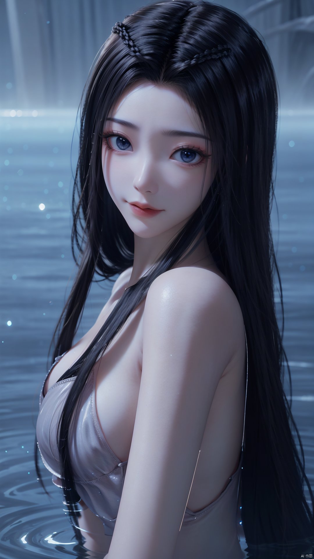 1girl, solo, black hair, long hair, blue eyes, water, partially submerged, closed mouth, mischevious smile, perfect body, scenery, sharp focus, best quality, masterpiece, detailed outfit, illustration, perfect eyes, finely detailed beautiful anime eyes, realistic skin, intricate details, best lighting, depth of field, ultra high resolution,upper body, dynamic pose, dynamic angle,