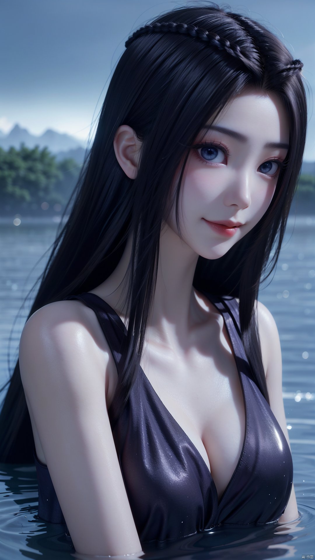 1girl, solo, black hair, long hair, blue eyes, water, partially submerged, closed mouth, mischevious smile, perfect body, scenery, sharp focus, best quality, masterpiece, detailed outfit, illustration, perfect eyes, finely detailed beautiful anime eyes, realistic skin, intricate details, best lighting, depth of field, ultra high resolution,upper body, dynamic pose, dynamic angle,