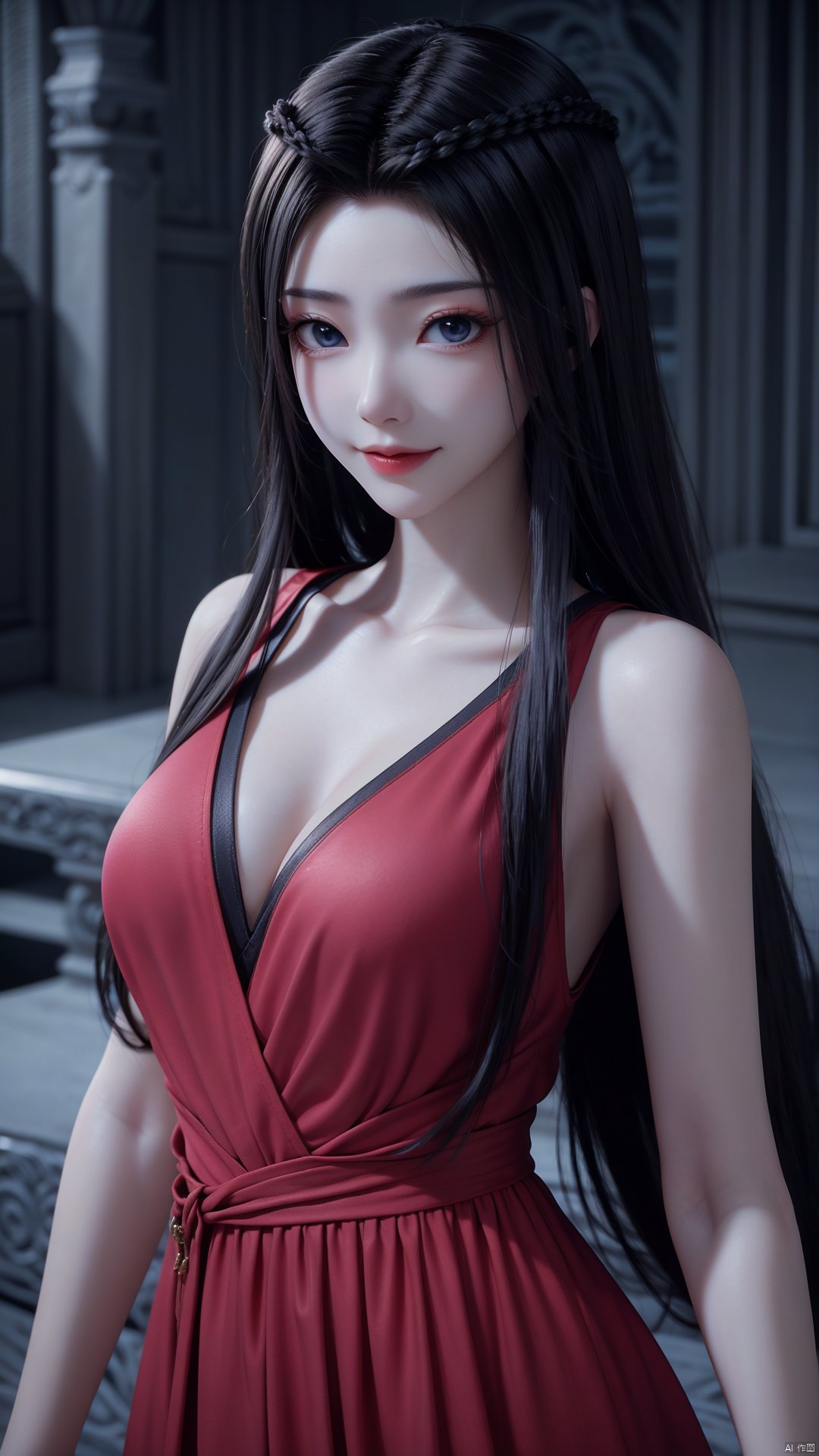 1girl, black hair, dress, red dress, solo, long hair, blue eyes, pale skin, mischevious smile, perfect body, scenery, sharp focus, best quality, masterpiece, detailed outfit, illustration, perfect eyes, finely detailed beautiful anime eyes, realistic skin, intricate details, best lighting, depth of field, ultra high resolution,cowboy_shot, dynamic pose, dynamic angle,