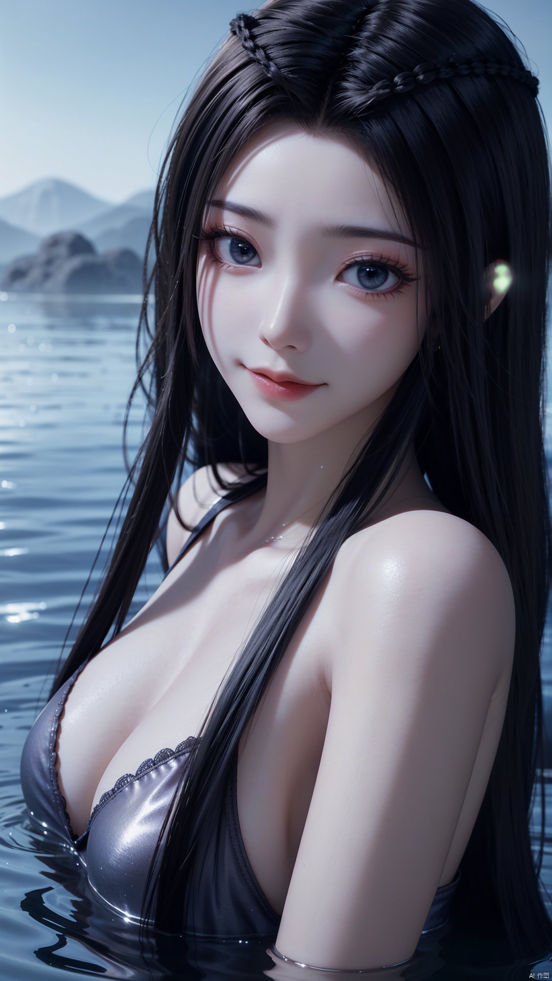 1girl, solo, black hair, long hair, blue eyes, water, partially submerged, closed mouth, mischevious smile, perfect body, scenery, sharp focus, best quality, masterpiece, detailed outfit, illustration, perfect eyes, finely detailed beautiful anime eyes, realistic skin, intricate details, best lighting, depth of field, ultra high resolution,upper body, dynamic pose, dynamic angle,