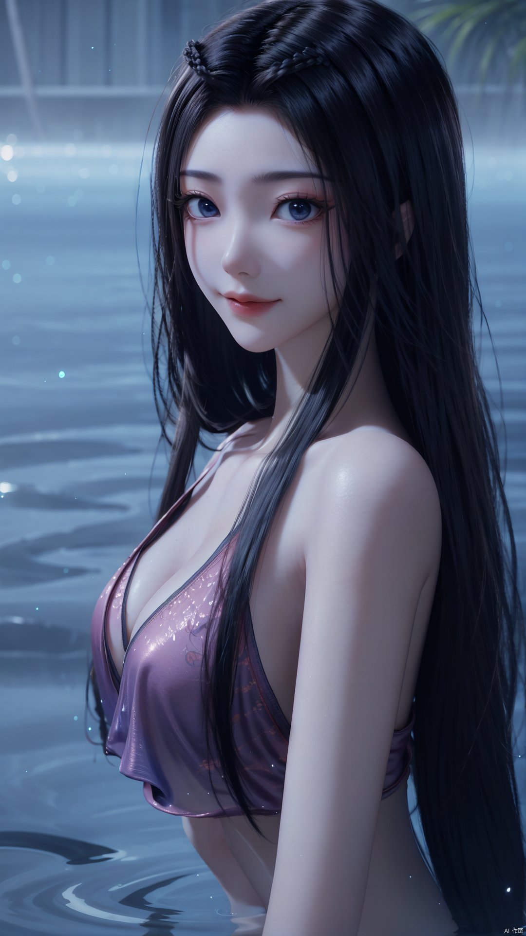 1girl, solo, black hair, long hair, blue eyes, water, partially submerged, closed mouth, mischevious smile, perfect body, scenery, sharp focus, best quality, masterpiece, detailed outfit, illustration, perfect eyes, finely detailed beautiful anime eyes, realistic skin, intricate details, best lighting, depth of field, ultra high resolution,upper body, dynamic pose, dynamic angle,