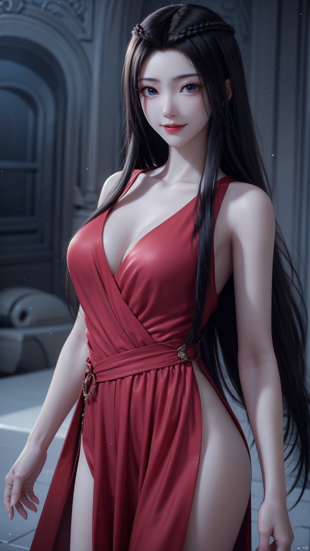 1girl, black hair, dress, red dress, solo, long hair, blue eyes, pale skin, mischevious smile, perfect body, scenery, sharp focus, best quality, masterpiece, detailed outfit, illustration, perfect eyes, finely detailed beautiful anime eyes, realistic skin, intricate details, best lighting, depth of field, ultra high resolution,cowboy_shot, dynamic pose, dynamic angle,