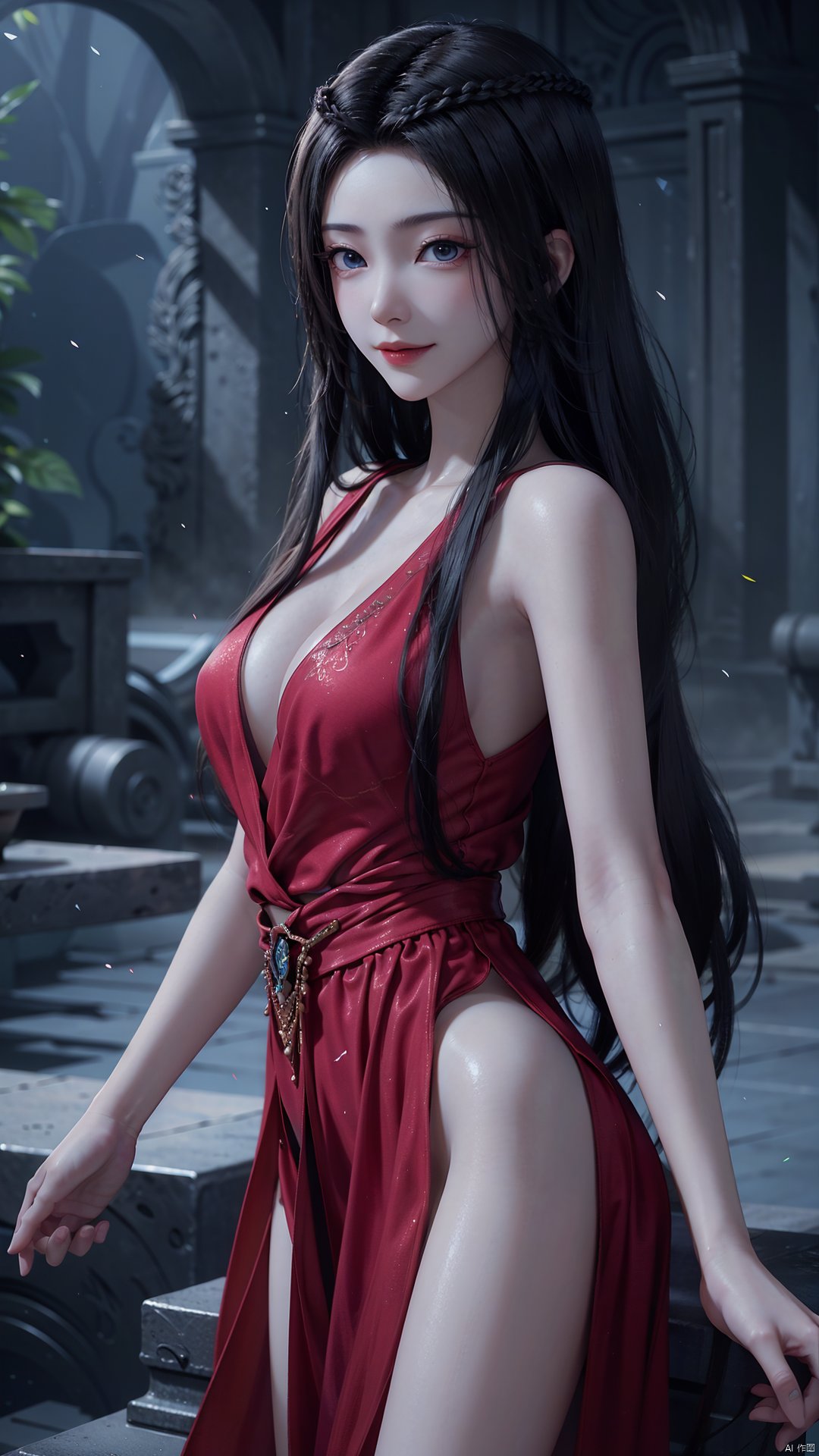 1girl, black hair, dress, red dress, solo, long hair, blue eyes, pale skin, mischevious smile, perfect body, scenery, sharp focus, best quality, masterpiece, detailed outfit, illustration, perfect eyes, finely detailed beautiful anime eyes, realistic skin, intricate details, best lighting, depth of field, ultra high resolution,cowboy_shot, dynamic pose, dynamic angle,