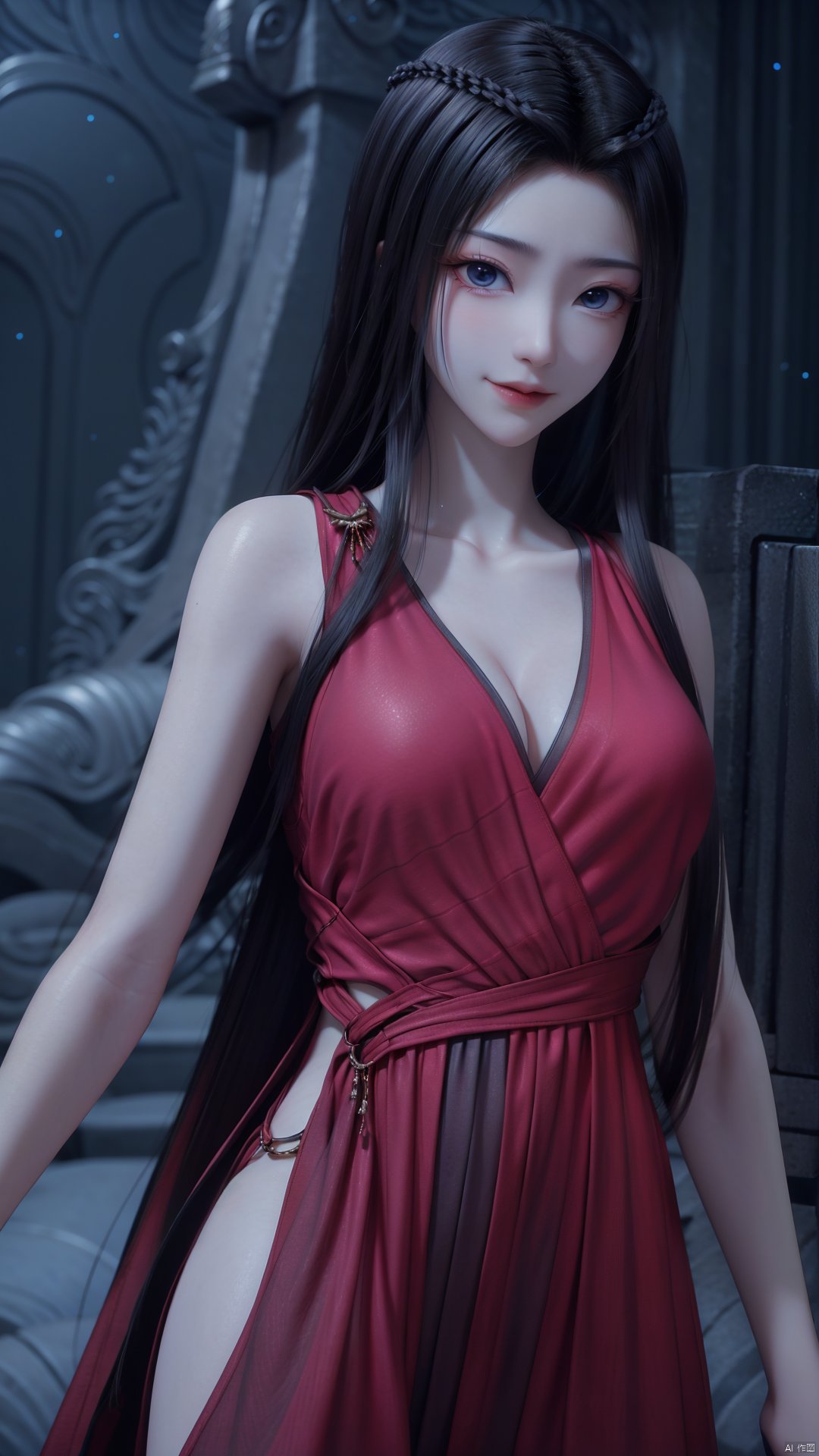 1girl, black hair, dress, red dress, solo, long hair, blue eyes, pale skin, mischevious smile, perfect body, scenery, sharp focus, best quality, masterpiece, detailed outfit, illustration, perfect eyes, finely detailed beautiful anime eyes, realistic skin, intricate details, best lighting, depth of field, ultra high resolution,cowboy_shot, dynamic pose, dynamic angle,