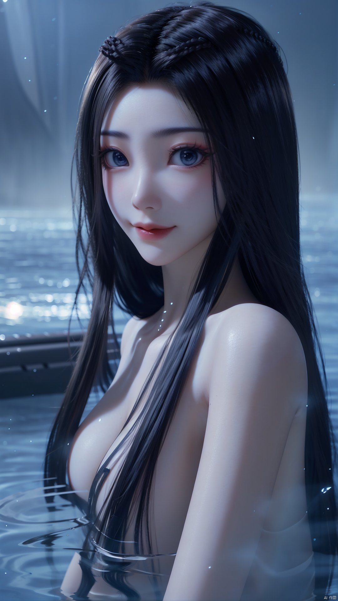 1girl, solo, black hair, long hair, blue eyes, water, partially submerged, closed mouth, mischevious smile, perfect body, scenery, sharp focus, best quality, masterpiece, detailed outfit, illustration, perfect eyes, finely detailed beautiful anime eyes, realistic skin, intricate details, best lighting, depth of field, ultra high resolution,upper body, dynamic pose, dynamic angle,