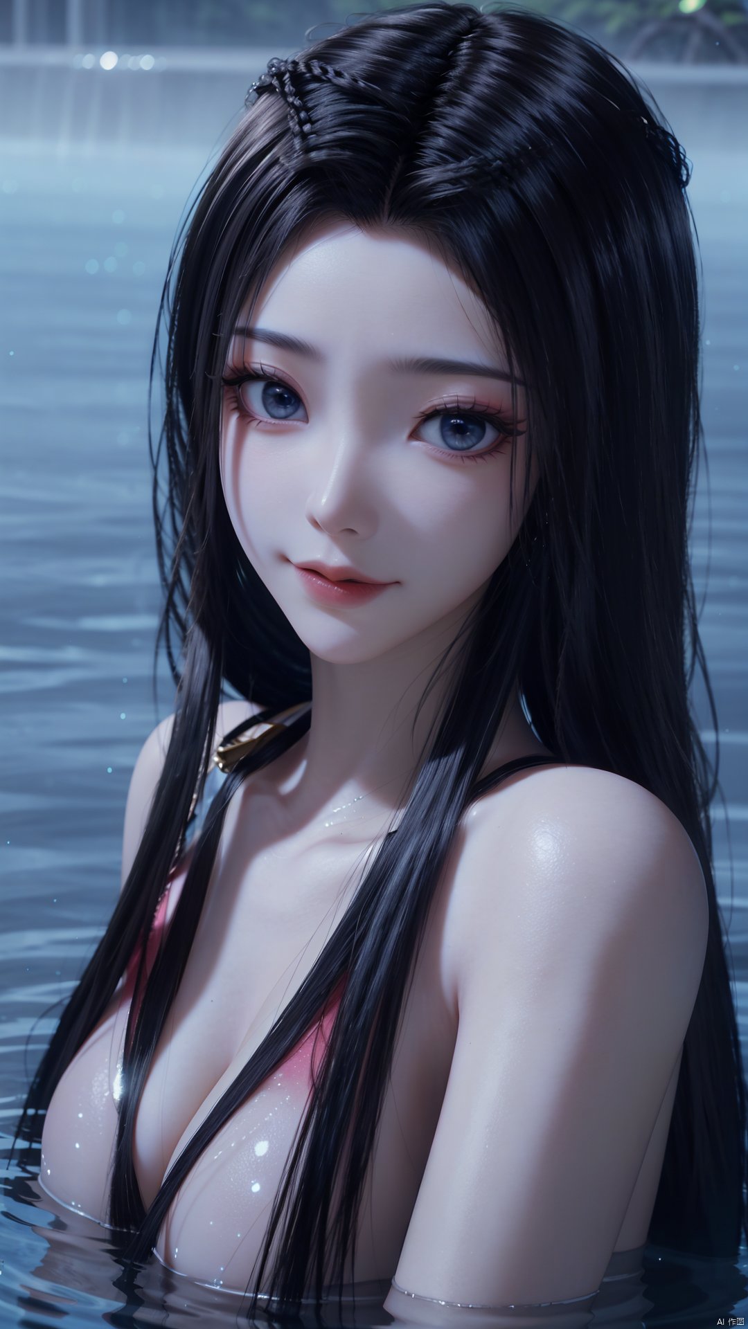 1girl, solo, black hair, long hair, blue eyes, water, partially submerged, closed mouth, mischevious smile, perfect body, scenery, sharp focus, best quality, masterpiece, detailed outfit, illustration, perfect eyes, finely detailed beautiful anime eyes, realistic skin, intricate details, best lighting, depth of field, ultra high resolution,upper body, dynamic pose, dynamic angle,