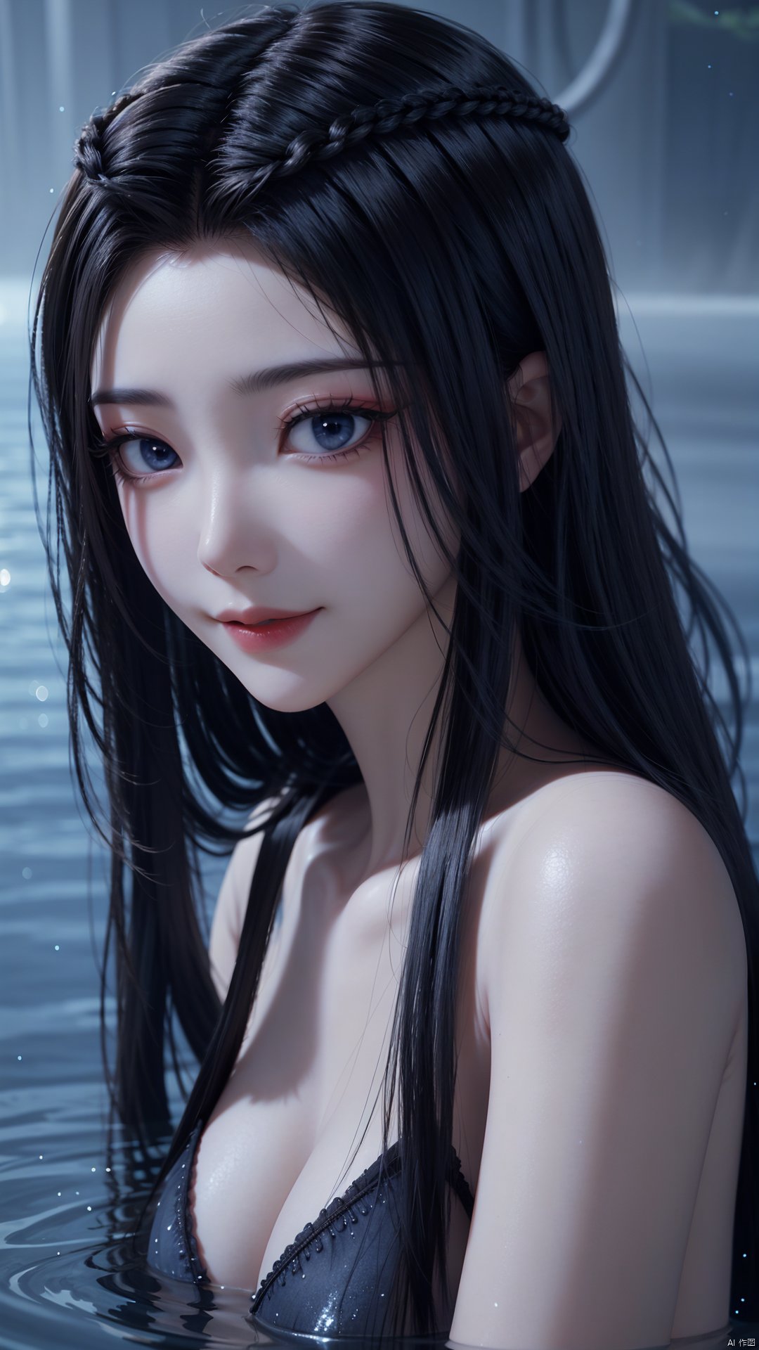 1girl, solo, black hair, long hair, blue eyes, water, partially submerged, closed mouth, mischevious smile, perfect body, scenery, sharp focus, best quality, masterpiece, detailed outfit, illustration, perfect eyes, finely detailed beautiful anime eyes, realistic skin, intricate details, best lighting, depth of field, ultra high resolution,upper body, dynamic pose, dynamic angle,