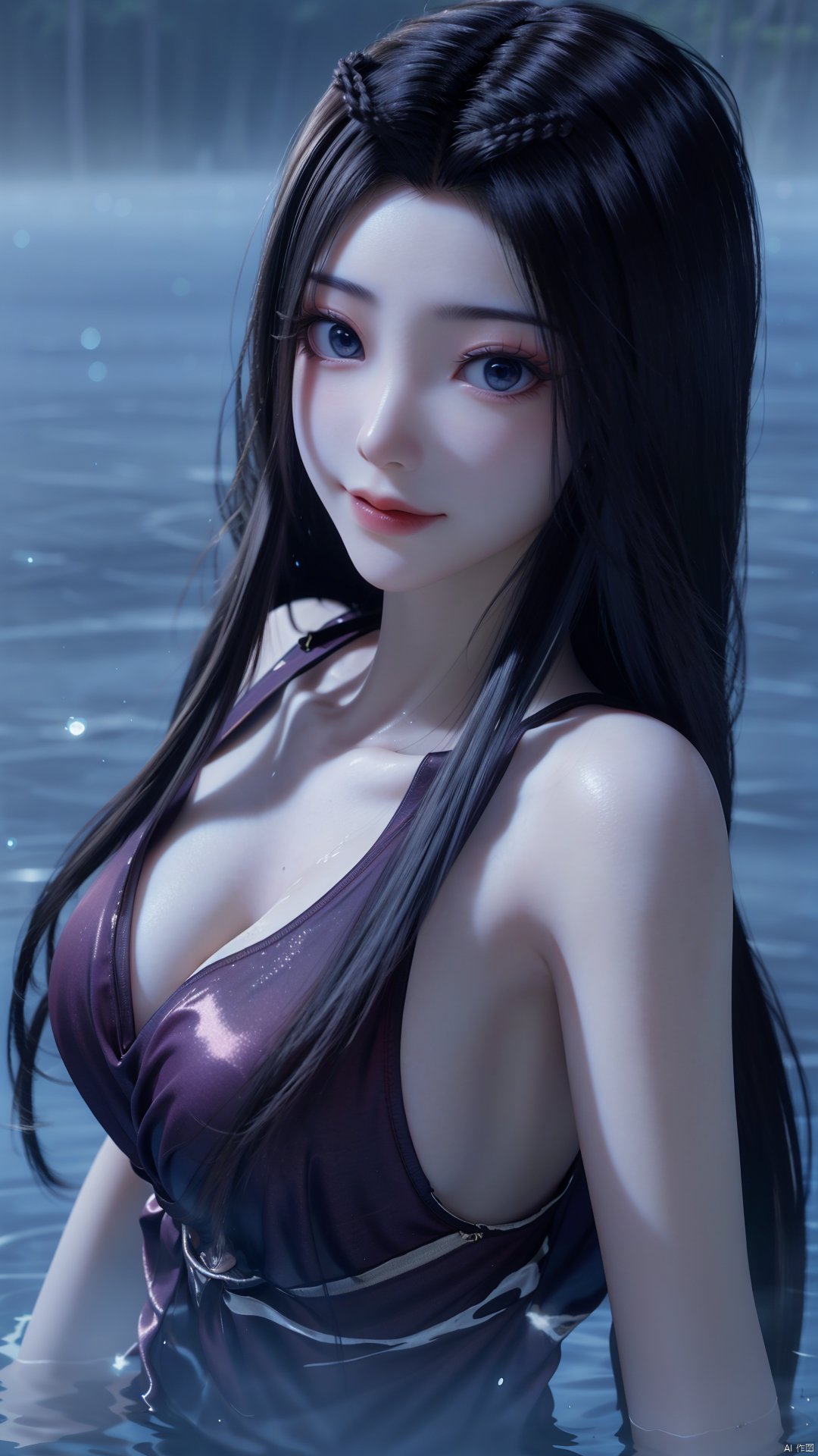 1girl, solo, black hair, long hair, blue eyes, water, partially submerged, closed mouth, mischevious smile, perfect body, scenery, sharp focus, best quality, masterpiece, detailed outfit, illustration, perfect eyes, finely detailed beautiful anime eyes, realistic skin, intricate details, best lighting, depth of field, ultra high resolution,upper body, dynamic pose, dynamic angle,