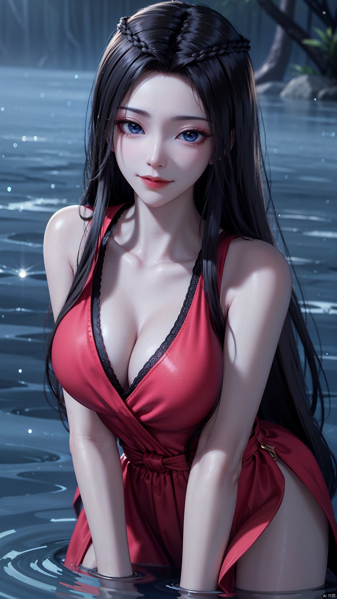 1girl, solo, black hair, long hair, blue eyes, water, partially submerged, closed mouth, mischevious smile, perfect body, scenery, sharp focus, best quality, masterpiece, detailed outfit, illustration, perfect eyes, finely detailed beautiful anime eyes, realistic skin, intricate details, best lighting, depth of field, ultra high resolution,upper body, dynamic pose, dynamic angle,