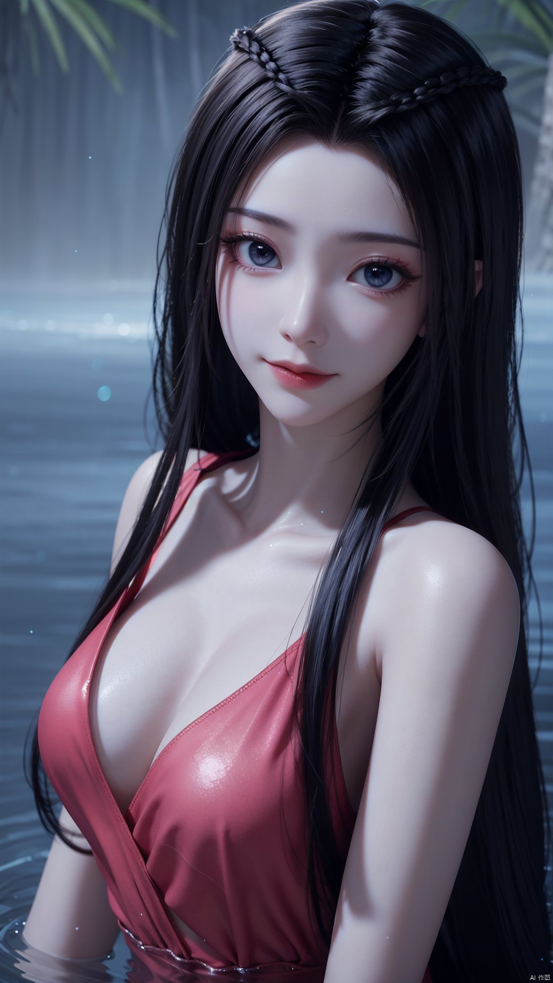 1girl, solo, black hair, long hair, blue eyes, water, partially submerged, closed mouth, mischevious smile, perfect body, scenery, sharp focus, best quality, masterpiece, detailed outfit, illustration, perfect eyes, finely detailed beautiful anime eyes, realistic skin, intricate details, best lighting, depth of field, ultra high resolution,upper body, dynamic pose, dynamic angle,