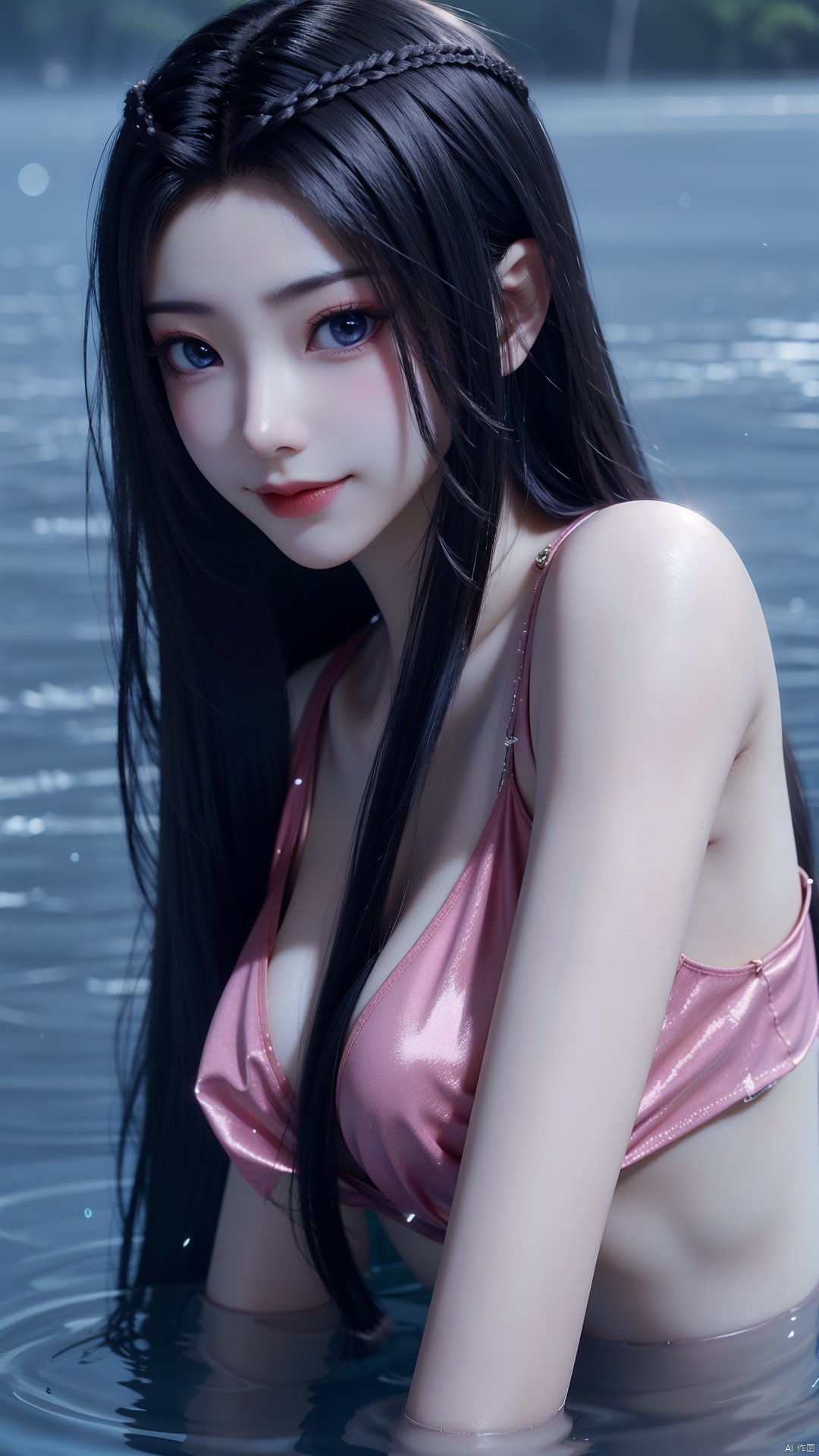 1girl, solo, black hair, long hair, blue eyes, water, partially submerged, closed mouth, mischevious smile, perfect body, scenery, sharp focus, best quality, masterpiece, detailed outfit, illustration, perfect eyes, finely detailed beautiful anime eyes, realistic skin, intricate details, best lighting, depth of field, ultra high resolution,upper body, dynamic pose, dynamic angle,