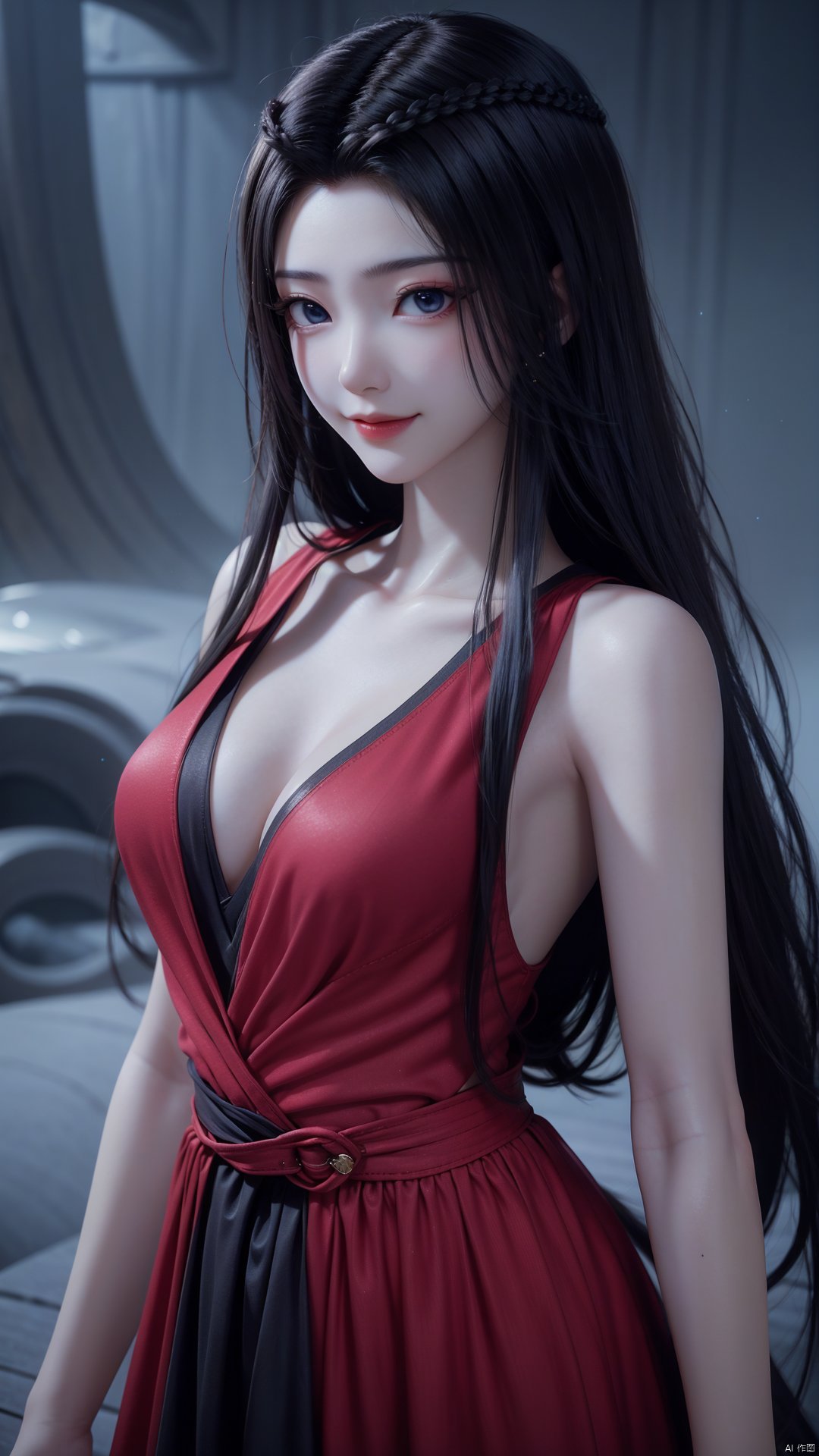 1girl, black hair, dress, red dress, solo, long hair, blue eyes, pale skin, mischevious smile, perfect body, scenery, sharp focus, best quality, masterpiece, detailed outfit, illustration, perfect eyes, finely detailed beautiful anime eyes, realistic skin, intricate details, best lighting, depth of field, ultra high resolution,cowboy_shot, dynamic pose, dynamic angle,