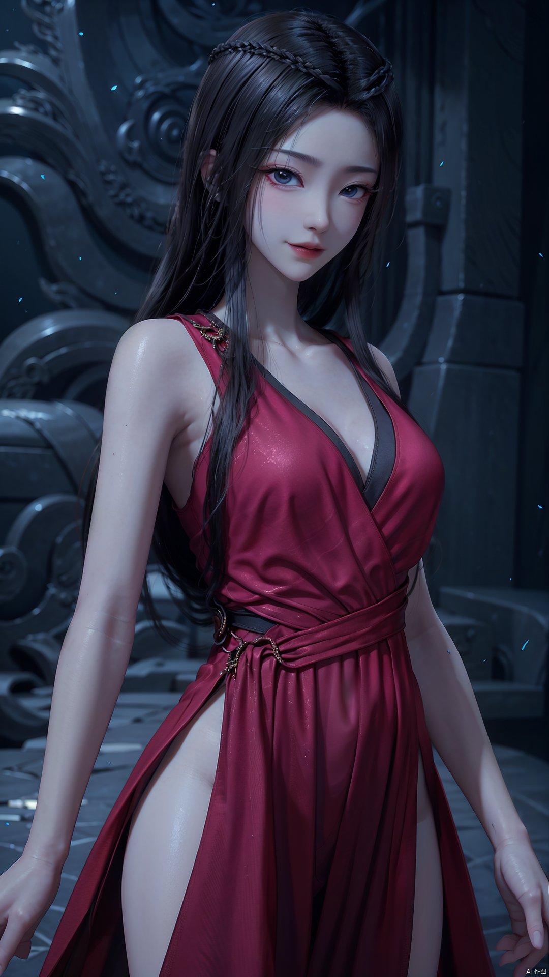 1girl, black hair, dress, red dress, solo, long hair, blue eyes, pale skin, mischevious smile, perfect body, scenery, sharp focus, best quality, masterpiece, detailed outfit, illustration, perfect eyes, finely detailed beautiful anime eyes, realistic skin, intricate details, best lighting, depth of field, ultra high resolution,cowboy_shot, dynamic pose, dynamic angle,