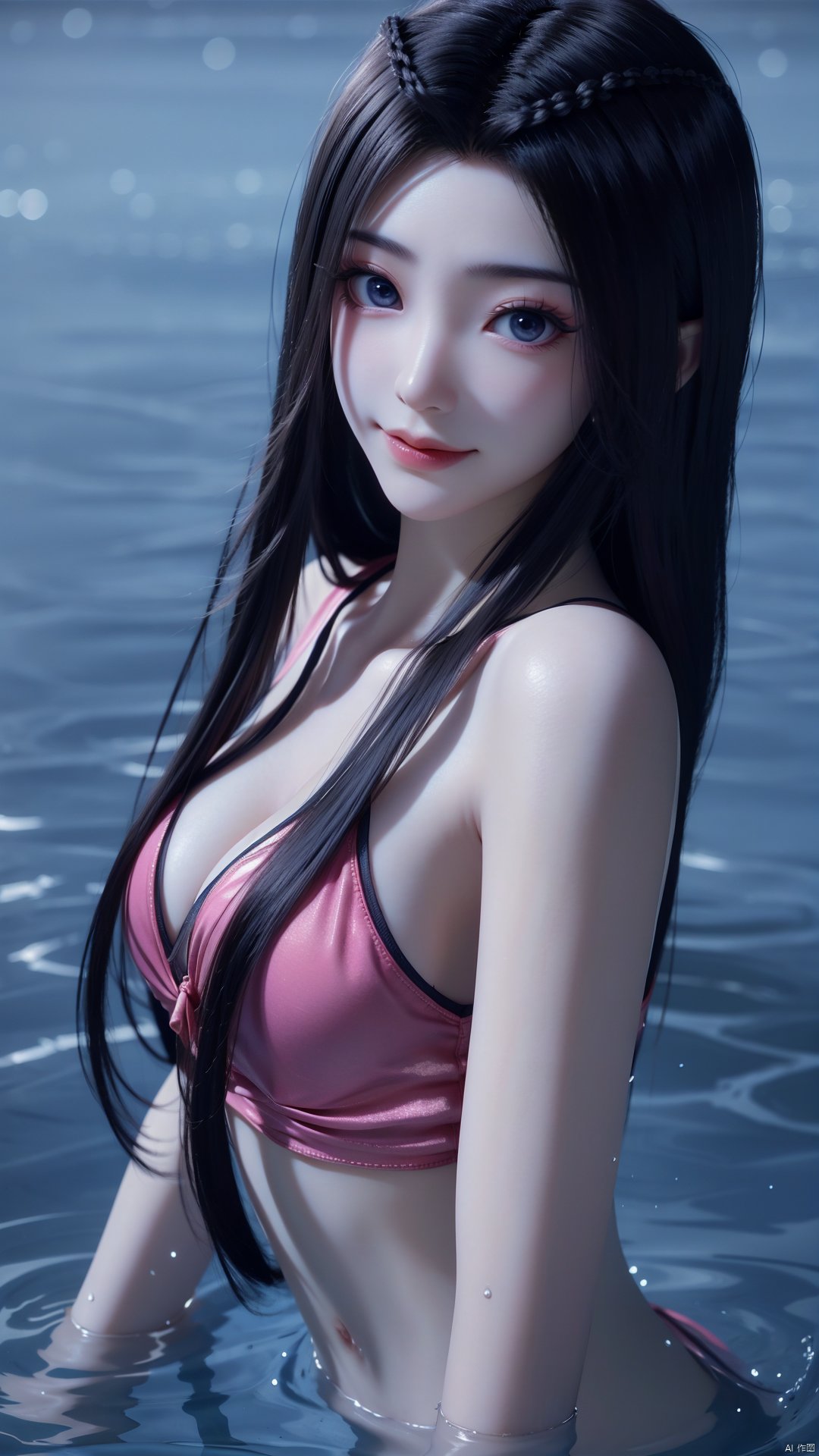 1girl, solo, black hair, long hair, blue eyes, water, partially submerged, closed mouth, mischevious smile, perfect body, scenery, sharp focus, best quality, masterpiece, detailed outfit, illustration, perfect eyes, finely detailed beautiful anime eyes, realistic skin, intricate details, best lighting, depth of field, ultra high resolution,upper body, dynamic pose, dynamic angle,