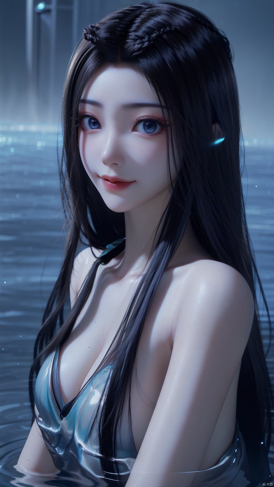 1girl, solo, black hair, long hair, blue eyes, water, partially submerged, closed mouth, mischevious smile, perfect body, scenery, sharp focus, best quality, masterpiece, detailed outfit, illustration, perfect eyes, finely detailed beautiful anime eyes, realistic skin, intricate details, best lighting, depth of field, ultra high resolution,upper body, dynamic pose, dynamic angle,