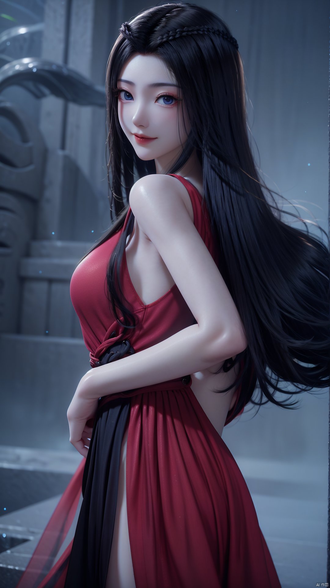 1girl, black hair, dress, red dress, solo, long hair, blue eyes, pale skin, mischevious smile, perfect body, scenery, sharp focus, best quality, masterpiece, detailed outfit, illustration, perfect eyes, finely detailed beautiful anime eyes, realistic skin, intricate details, best lighting, depth of field, ultra high resolution,cowboy_shot, dynamic pose, dynamic angle,