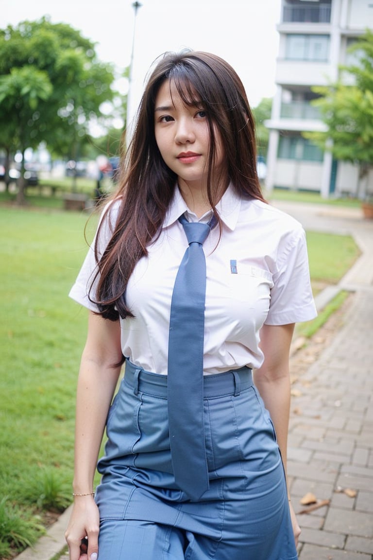 sma_uniform,   1girl, solo, long hair, looking at viewer, skirt, brown hair, shirt, black hair, brown eyes, jewelry, school uniform, standing, white shirt, short sleeves, outdoors, necktie, collared shirt, uniform, lips, blue skirt, blue necktie, realistic,sma_unifrom