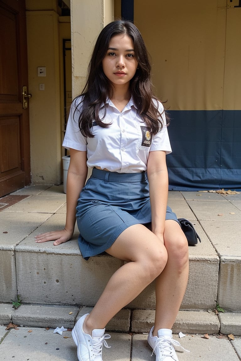 sma_uniform,   1girl, solo, long hair, looking at viewer, skirt, shirt, black hair, brown eyes, sitting, short sleeves, shoes, bag, uniform, blue skirt, denim, sneakers, handbag, realistic, blue skirt, white shirt, 