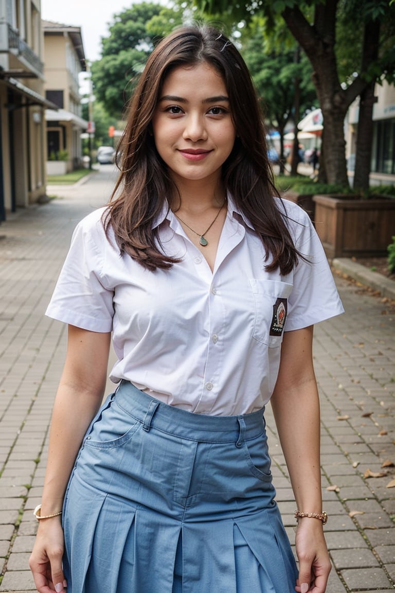 sma_uniform,   1girl, solo, long hair, looking at viewer, smile, skirt, brown hair, shirt, brown eyes, jewelry, school uniform, standing, white shirt, short sleeves, cowboy shot, pleated skirt, outdoors, collared shirt, pants, medium hair, necklace, blurry, bracelet, lips, blue skirt, blurry background, denim, watch, jeans, realistic, blue pants, wristwatch