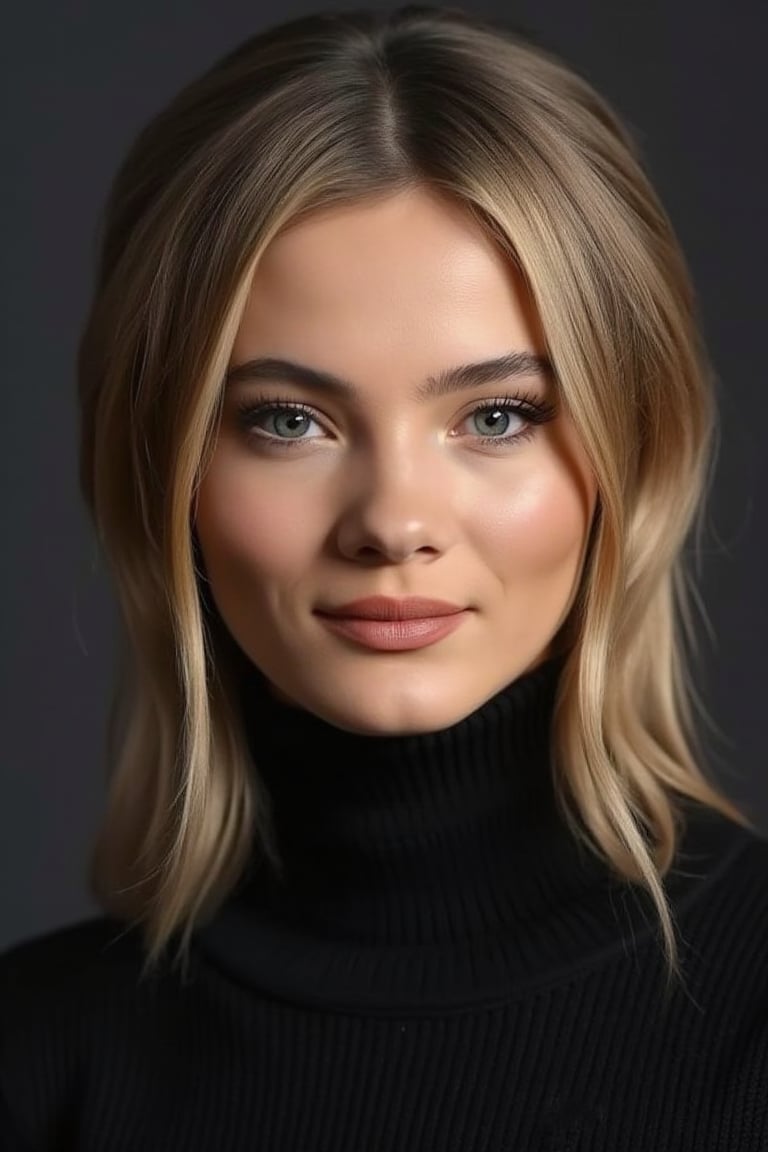 Photorealistic picture of Freya Allan, turtleneck, smile,