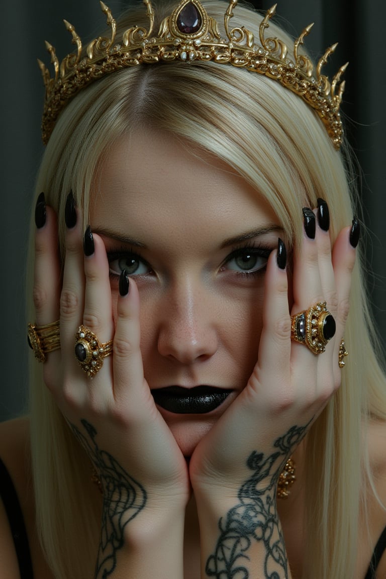 The image portrays a mysterious woJ3w3l with intense, piercing eyes framed by dramatic black eyeliner and thick lashes. She is adorned with intricate gold jewelry, including multiple rings and a delicate crown that rests atop her head. Her fingers are elegantly positioned near her face, partially covering her eyes in a way that enhances the enigmatic atmosphere. Her long, black nails and the tattoo-like patterns covering her hands contribute to the dark and regal aesthetic. The crown and rings feature elaborate designs, adding a sense of ancient royalty or mysticism. Her hair is sleek, blonde, and cut in sharp bangs that accentuate her fierce expression. The overall composition, with its muted tones and detailed elements, creates a gothic, almost otherworldly vibe.