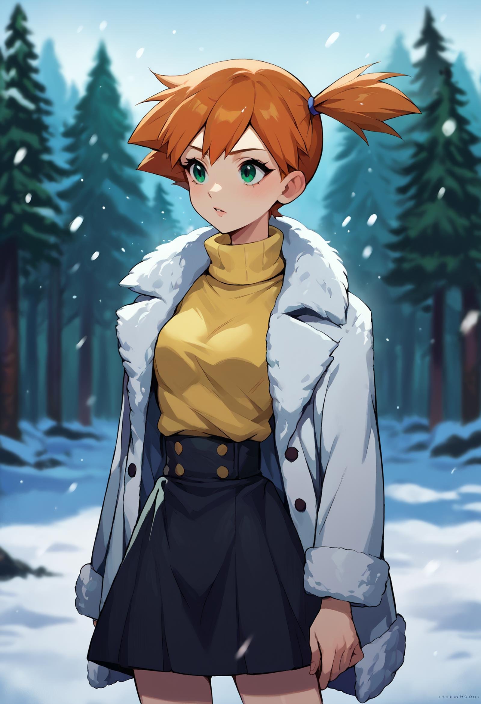 score_9, score_8_up,score_7_up, source_anime, 1girl, solo, <lora:EPpkMisty:1>, EPpkMisty, orange hair, short hair, side ponytail, green eyes, fur coat, sweater, turtleneck, black skirt, high-waist skirt, outdoors, snow, forest, snowing, blurry background, 