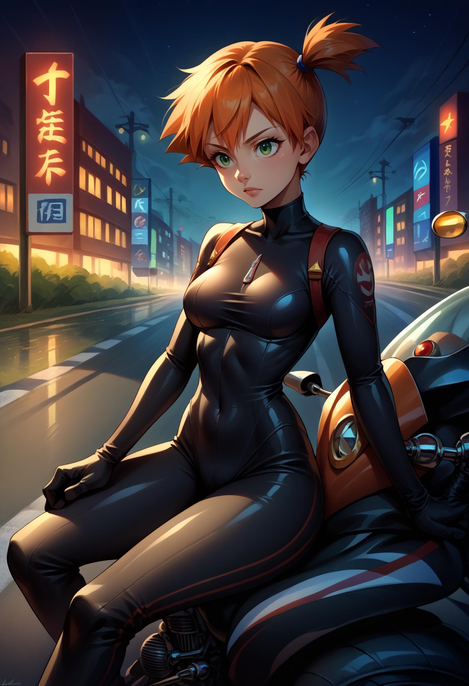 score_9, score_8_up,score_7_up, source_anime, 1girl, solo,  <lora:EPpkMisty:1.0>, EPpkMisty, orange hair, short hair, side ponytail, green eyes,  cowboy shot, leaning, motor vehicle, ground vehicle, motorcycle, sitting, on motorcycle, black bodysuit, shiny, reflection, bodysuit, night, street,