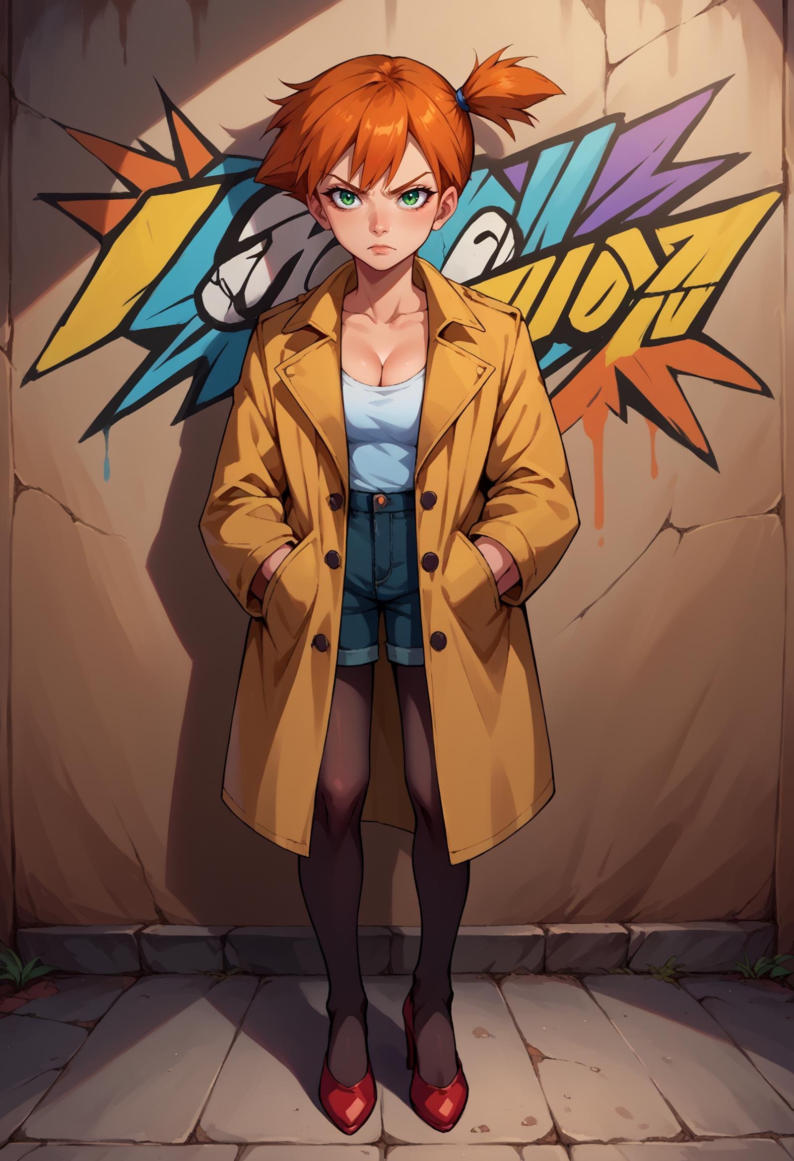 score_9, score_8_up,score_7_up, source_anime, 1girl, solo,  <lora:EPpkMisty:1.0>, EPpkMisty, orange hair, short hair, side ponytail, green eyes,  PONYXL_GraffitiWall_ownwaifu, looking at viewer, standing, graffiti, against wall, hands in pockets, serious, drop shadow, <lora:PONYXL_GraffitiWall_ownwaifu:0.75> , depth of field , coat, trenchcoat, black pantyhose, high heels, red footwear, cleavage