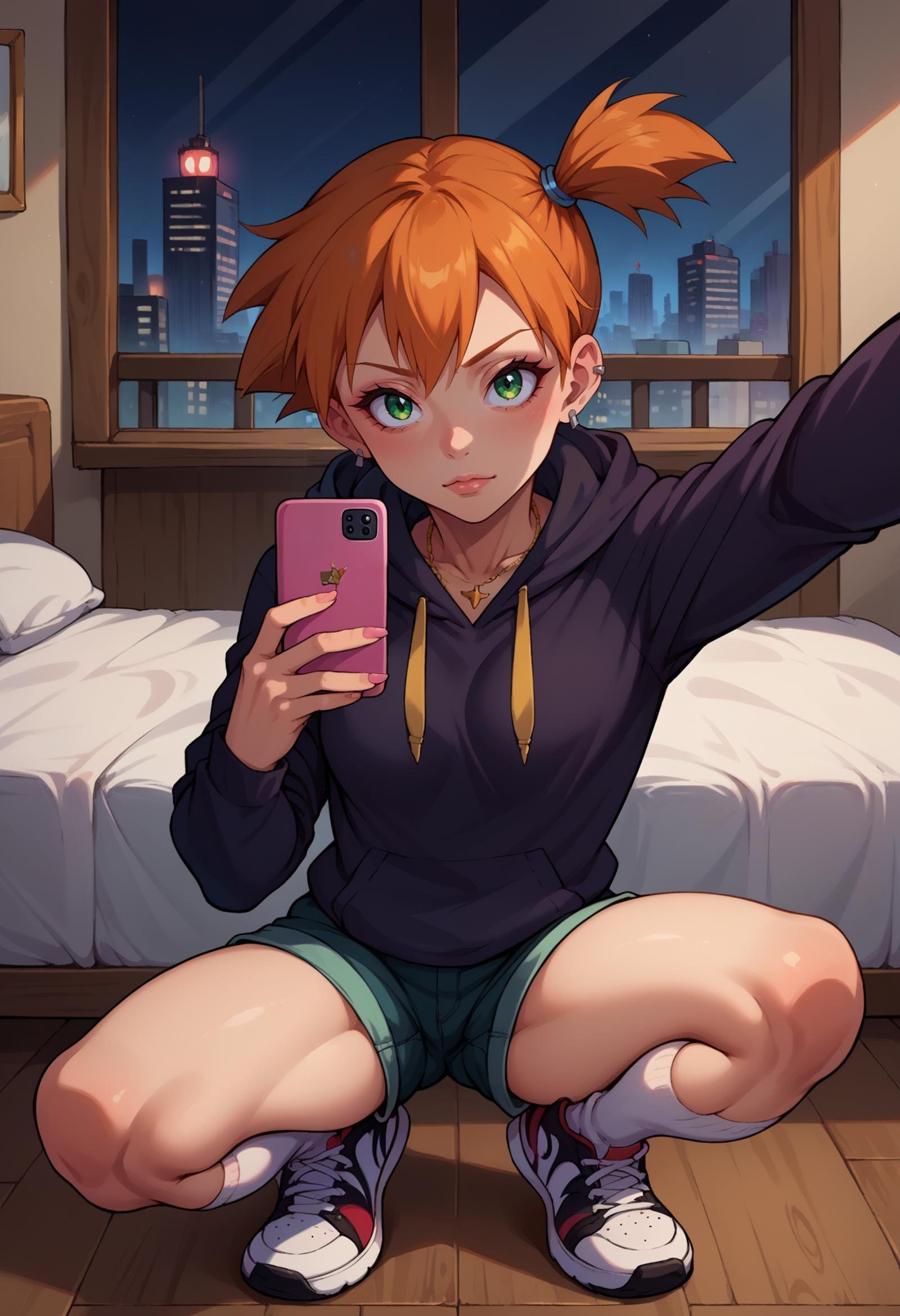 score_9, score_8_up,score_7_up, source_anime, 1girl, solo,  <lora:EPpkMisty:1.0>, EPpkMisty, orange hair, short hair, side ponytail, green eyes,  necklace, ear piercing, black hoodie, white socks, kneehighs, sneakers, black sneakers, squatting, selfie, taking picture, mirror selfie, bedroom, bed, mirror, at a dark room, at night , city view from the window, gyaru,