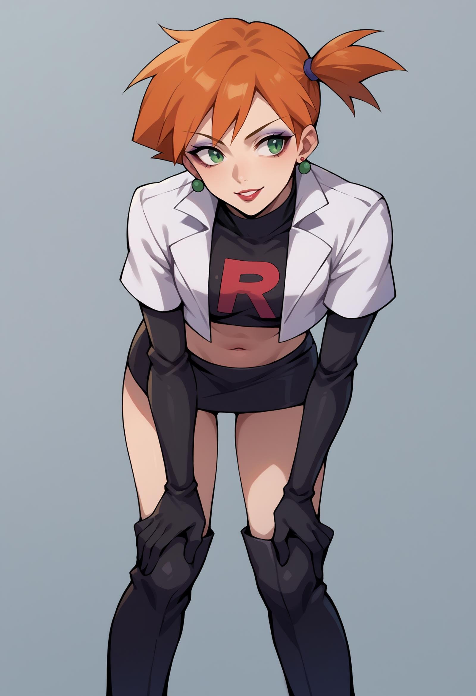 score_9, score_8_up,score_7_up, source_anime, 1girl, solo,  <lora:EPpkMisty:1.0>, EPpkMisty, orange hair, short hair, side ponytail, green eyes,  standing, parted lips, smile, white jacket, cropped jacket, earrings, elbow gloves, gloves, black gloves, white jacket, jewelry, lipstick, looking to the side, makeup, navel, shirt, skirt, team rocket, team rocket uniform, thigh boots, black footwear, hands on own knees, leaning forward, bent over,