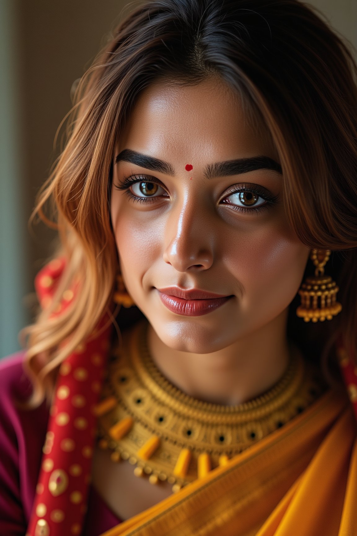 indian woman, a beautiful girl, brown eyes, gorgeous actress, Indian,  portrait photo, cinematic lighting 