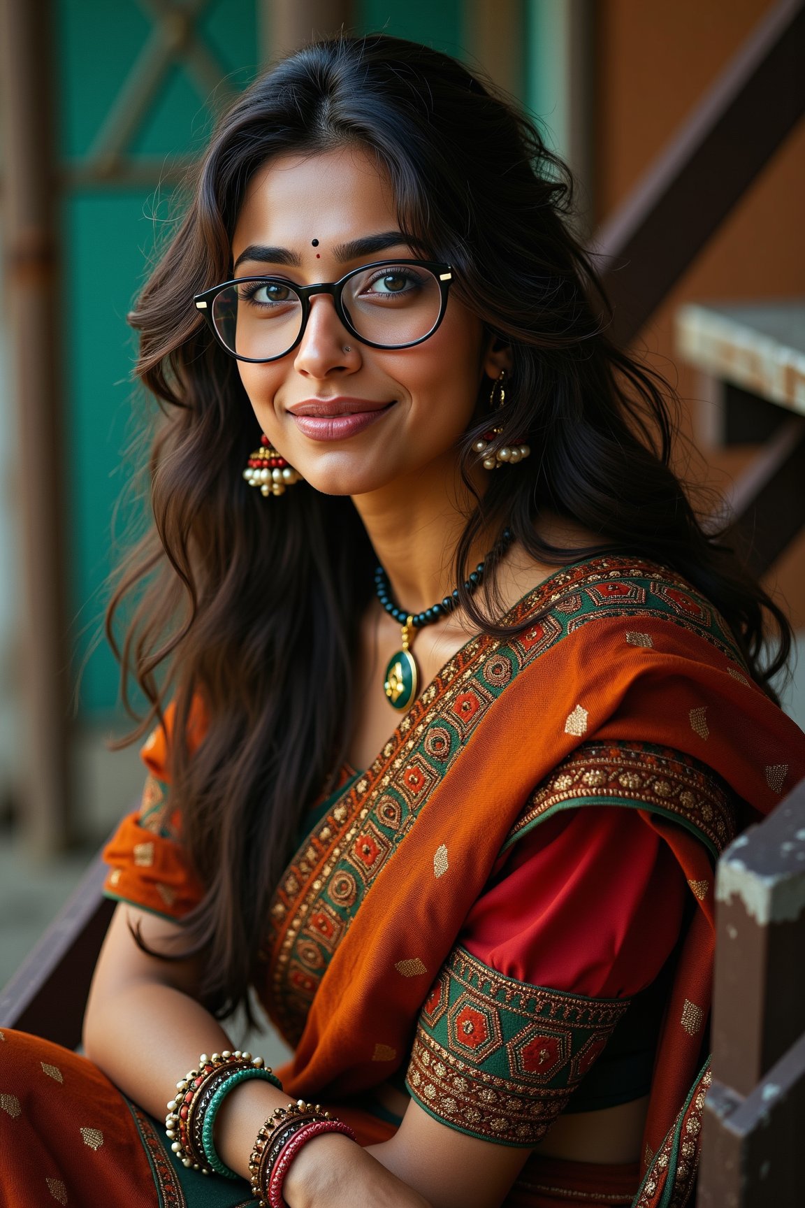 indian woman, Cinematic, 

A highly detailed portrait of a beautiful Indian woman with an expression of introspection. Mild skin complexion, long messy wavy hair, layered, nerdy glasses, her layered a brand new richly dark orange-green tartan textured garments and shawl wrap around her in a testament to her heritage. She is sitting on an old rustic steel stairs, adding to the ambiance and depth of her poignant expression, detail eyes

High dynamic range, vivid, rich details, clear shadows and highlights, intense, enhanced contrast, highly detailed, 8k