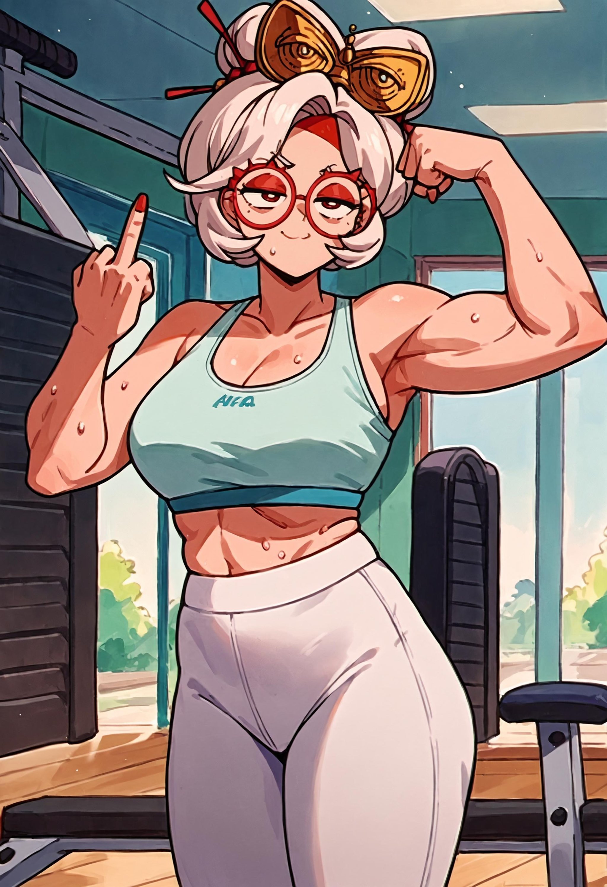 score_9, score_8_up,score_7_up, source_anime, rating_safe, 1girl,solo,purah,hair ornament, red headband, red glasses,mature female,sweat,gym,yoga pants,sports bra,flexing,middle finger,smug,closed mouth <lora:purah-pdxl-nvwls-v1:0.8>