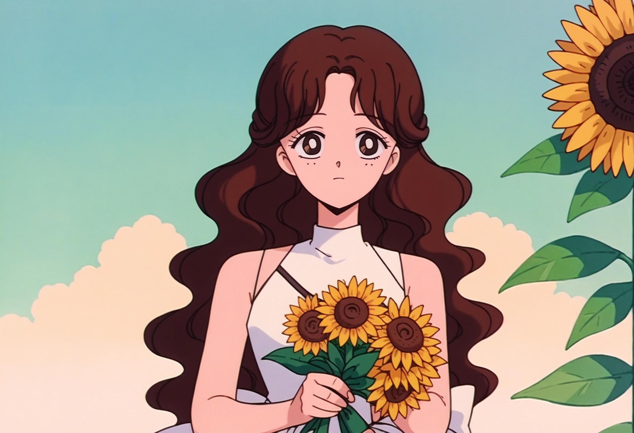 score_9, score_8_up,score_7_up, source_anime, rating_safe, 1girl, ,closed mouth,wavy hair,holding bouquet,holding,long hair,simple background,white dress,s1ho \(ukiy0u0\),holding flower,sleeveless,sleeveless dress,sunflower,brown eyes,flower,brown hair,highres,upper body,bouquet,dress,solo,yellow flower