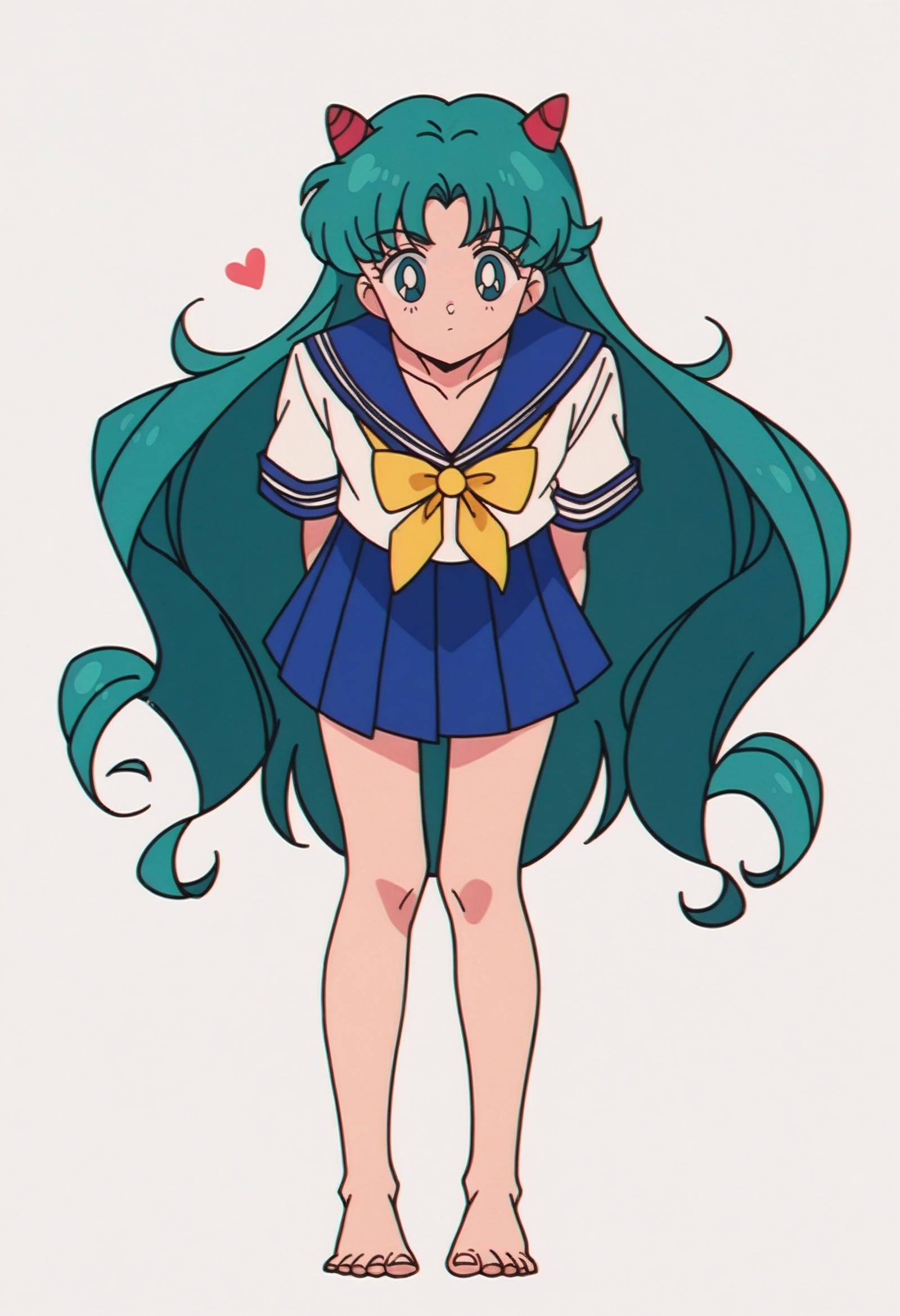 score_9, score_8_up,score_7_up, source_anime, rating_safe, ,highres,lum,school uniform,leaning forward,urusei yatsura,feet,looking at viewer,1girl,horns,poppowerhearts,toes,shirt,blue skirt,white shirt,barefoot,collarbone,white background,skirt,sailor collar,yellow neckerchief,cone horns,pleated skirt,green eyes,neckerchief,serafuku,long hair,solo,blue sailor collar,simple background,green hair