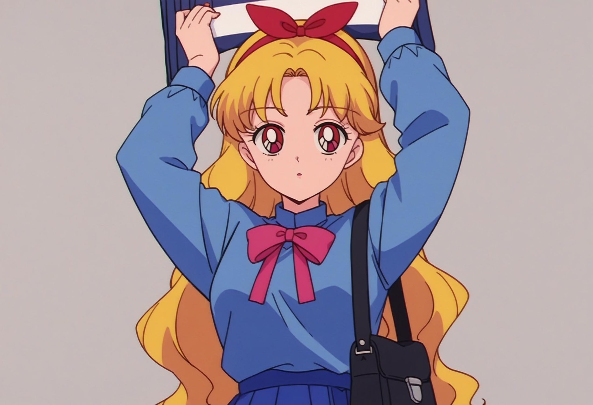 score_9, score_8_up,score_7_up, source_anime, rating_safe, 1girl, ,parted lips,hoshimiya ichigo,simple background,red ribbon,long hair,hairband,expressionless,qing yan xia,upper body,solo,arms up,sidelocks,holding bag,shirt,long sleeves,aikatsu!,blonde hair,star \(symbol\),red eyes,holding,red hairband,blue shirt,aikatsu! \(series\),grey background,bow hairband,highres,looking at viewer,ribbon,neck ribbon,absurdres,small breasts,bag,black bag,school bag,sketch,breasts