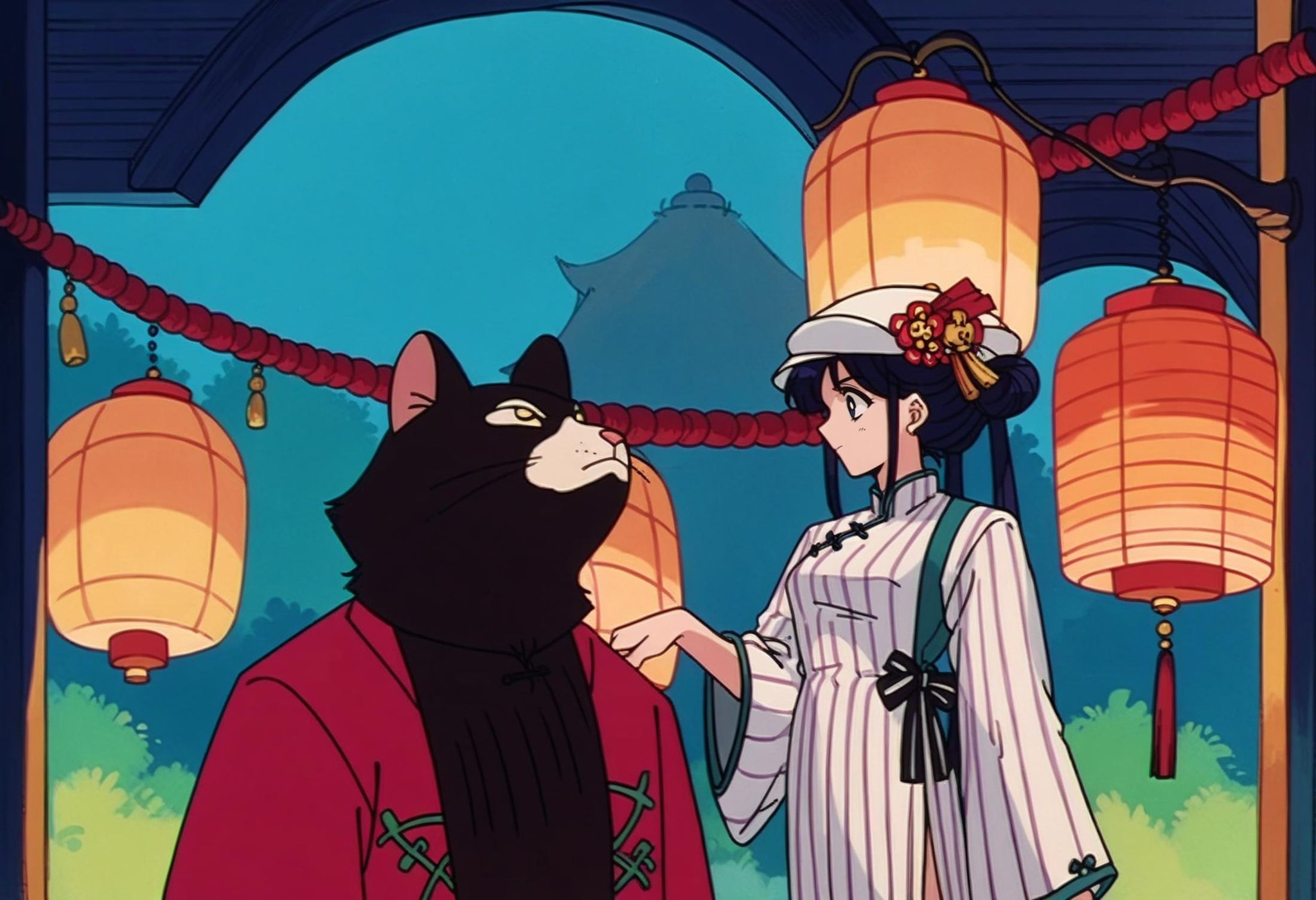 score_9, score_8_up,score_7_up, source_anime, rating_safe, 1girl, ,1boy,hongbao,absurdres,striped dress,fur-trimmed dress,vertical-striped dress,clothing cutout,looking at another,vertical-striped clothes,chinese clothes,hat,animal hat,wide sleeves,lantern,kudou shin&