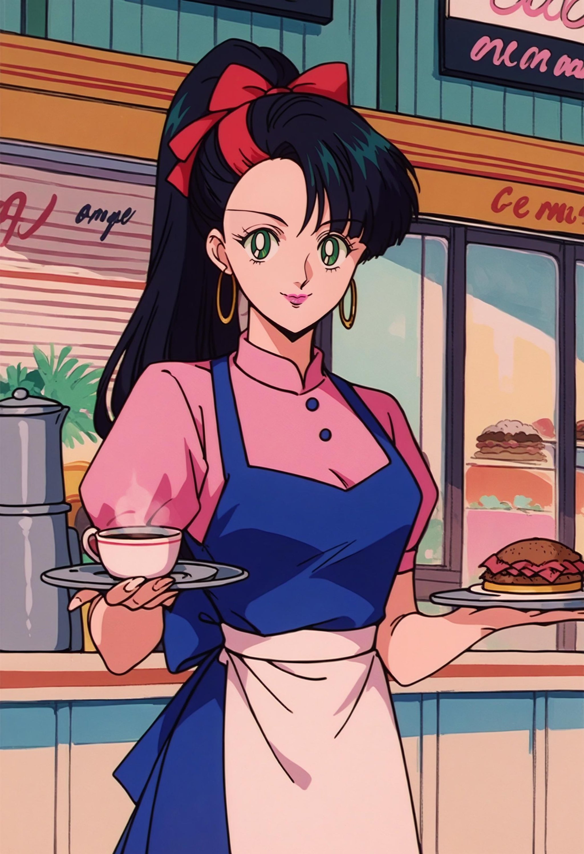 score_9, score_8_up,score_7_up, source_anime, 1girl, solo, black hair, hair ribbon, green eyes, high ponytail, asymmetrical bangs, red ribbon, hoop earrings, pink lips, indoors, diner, holding, coffee pot, waitress, tray, serving, standing, smile, headband, blue headwear,